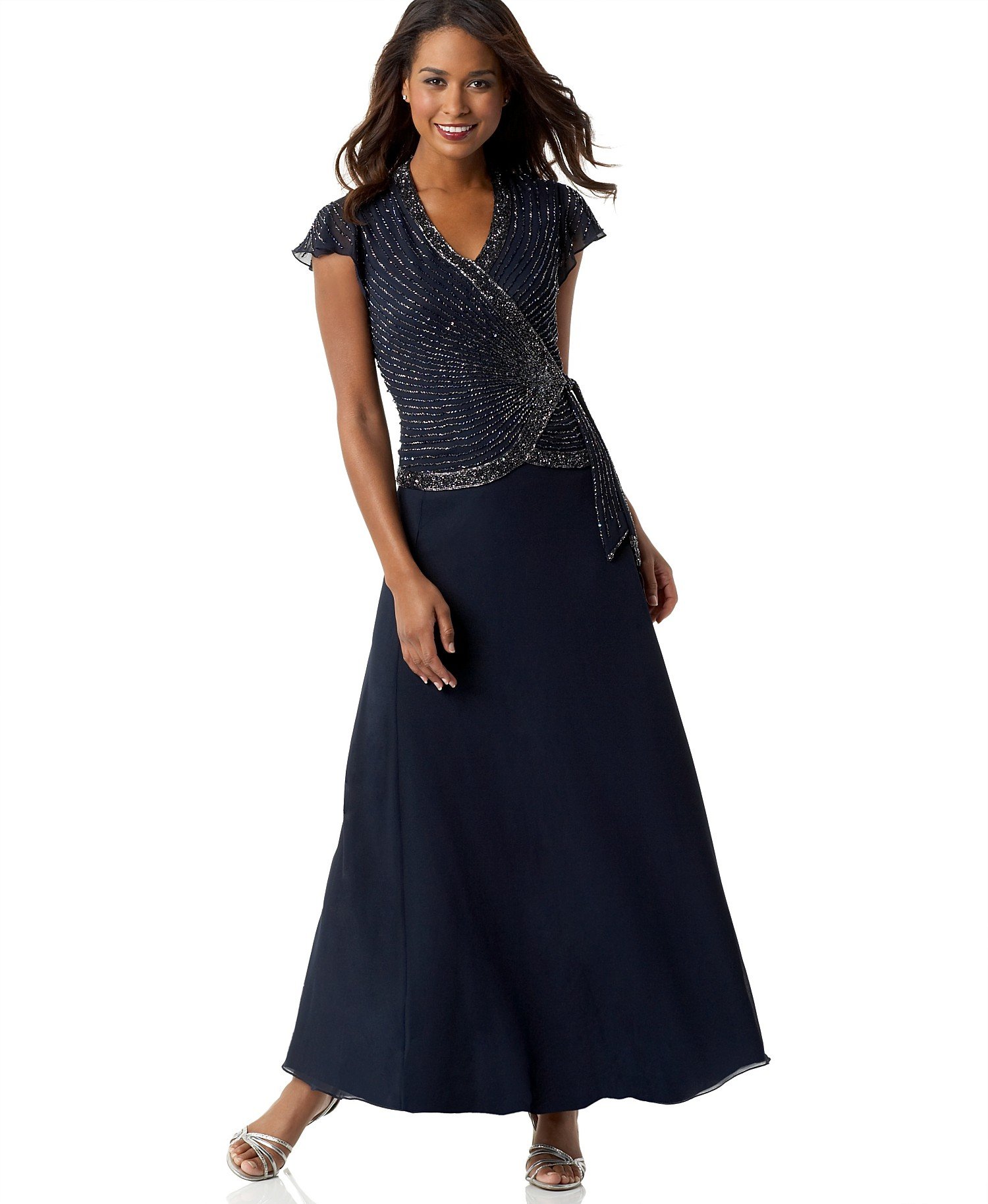J Kara Women's Plus Size Beaded Flutter Sleeve Dress - Elegant Boho Maxi Dress for Weddings, Parties & Special Occasions