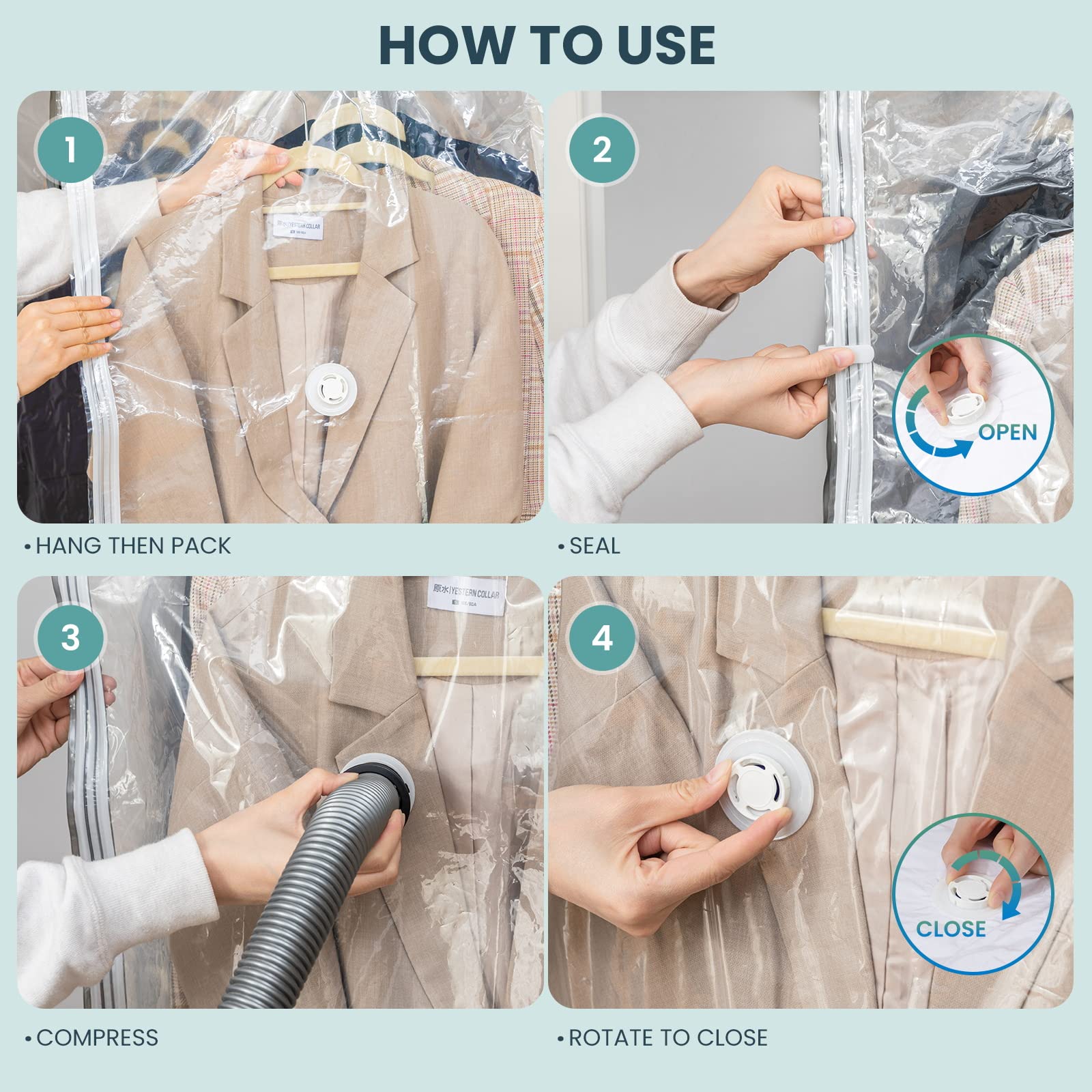 Premium Vacuum Storage Bags for Clothes - Space Saver Bags Set of 4 (2 Long, 2 Short) - Compress Clothing, Suits & Coats - Ideal for Travel, Moving & Seasonal Storage - Google SEO Optimized