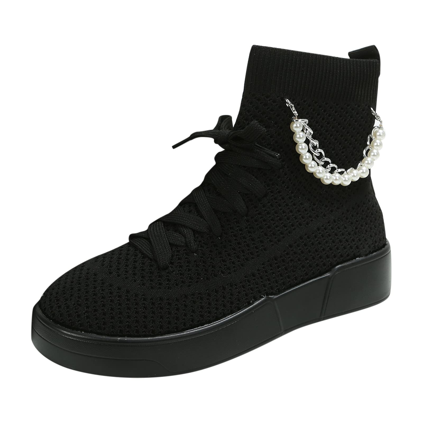 YSJZBS Women's Lace Up Boots with Pearl Chain Detail - Round Toe Stiletto Heel Platform Ankle Booties Size 7 | Perfect for Party, Night Out & Fashion Outfits
