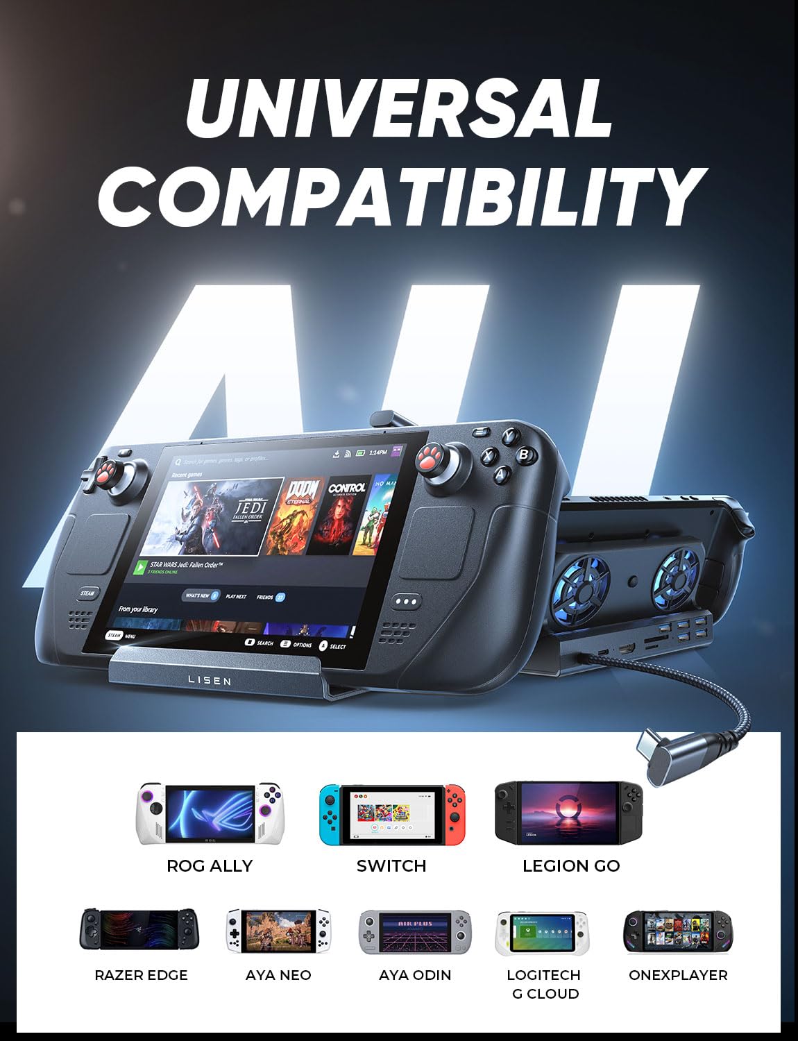 10-in-1 Universal Gaming Dock for Steam Deck/MSI Claw/Legion Go/ROG Ally - 5 USB Ports, Dual Cooling Fans, 4K@60Hz HDMI, Gigabit Ethernet & 100W Fast Charging - Perfect for Home Entertainment & Portable Gaming Setup