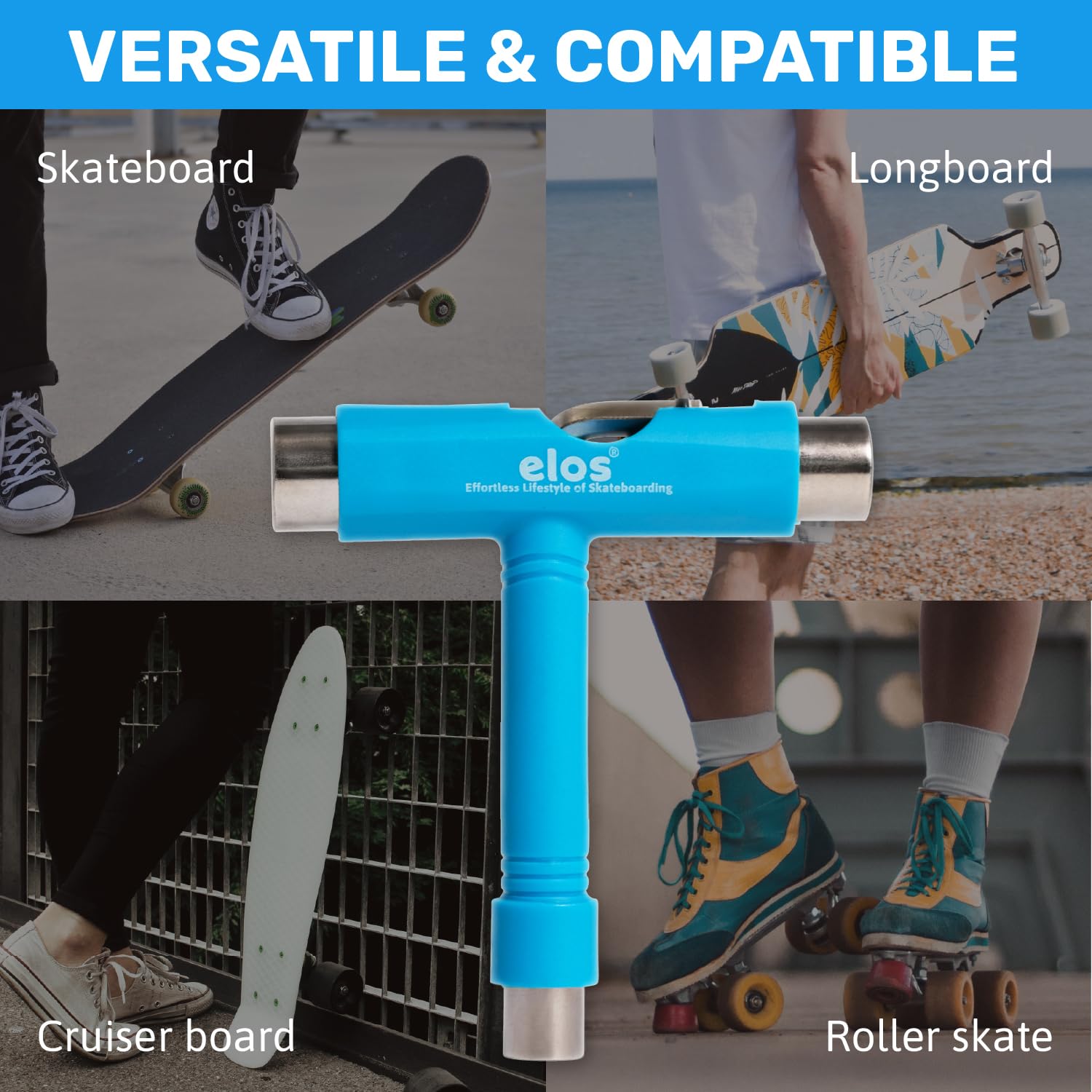 ELOS All-in-One Skate Tool for Skateboard, Longboard & Roller Skates - 4oz Multi-Function Hardware Kit with Allen Key & Phillips Head Wrench - Perfect for Adjusting Trucks, Wheels & Bearings On The Go