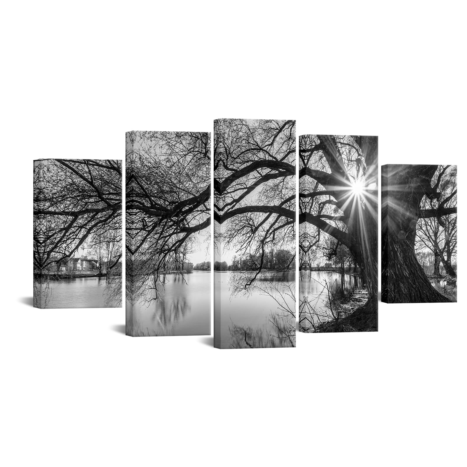 5-Piece Black and White Lake Landscape Canvas Wall Art - Old Tree Sunrise Painting, Framed Modern Home Decor (Ready to Hang) - Perfect for Living Room, Bedroom & Office Decoration