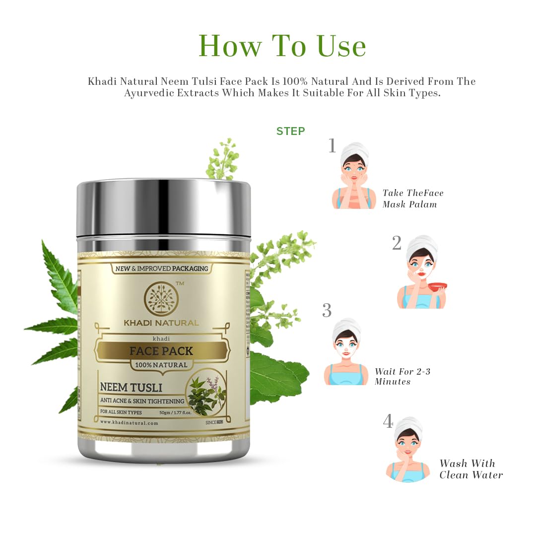 Khadi Natural Neem Tulsi Face Pack - 50g | Ayurvedic Herbal Facial Cleanser for Acne & Glow | Perfect for Daily Skincare & Spa Nights