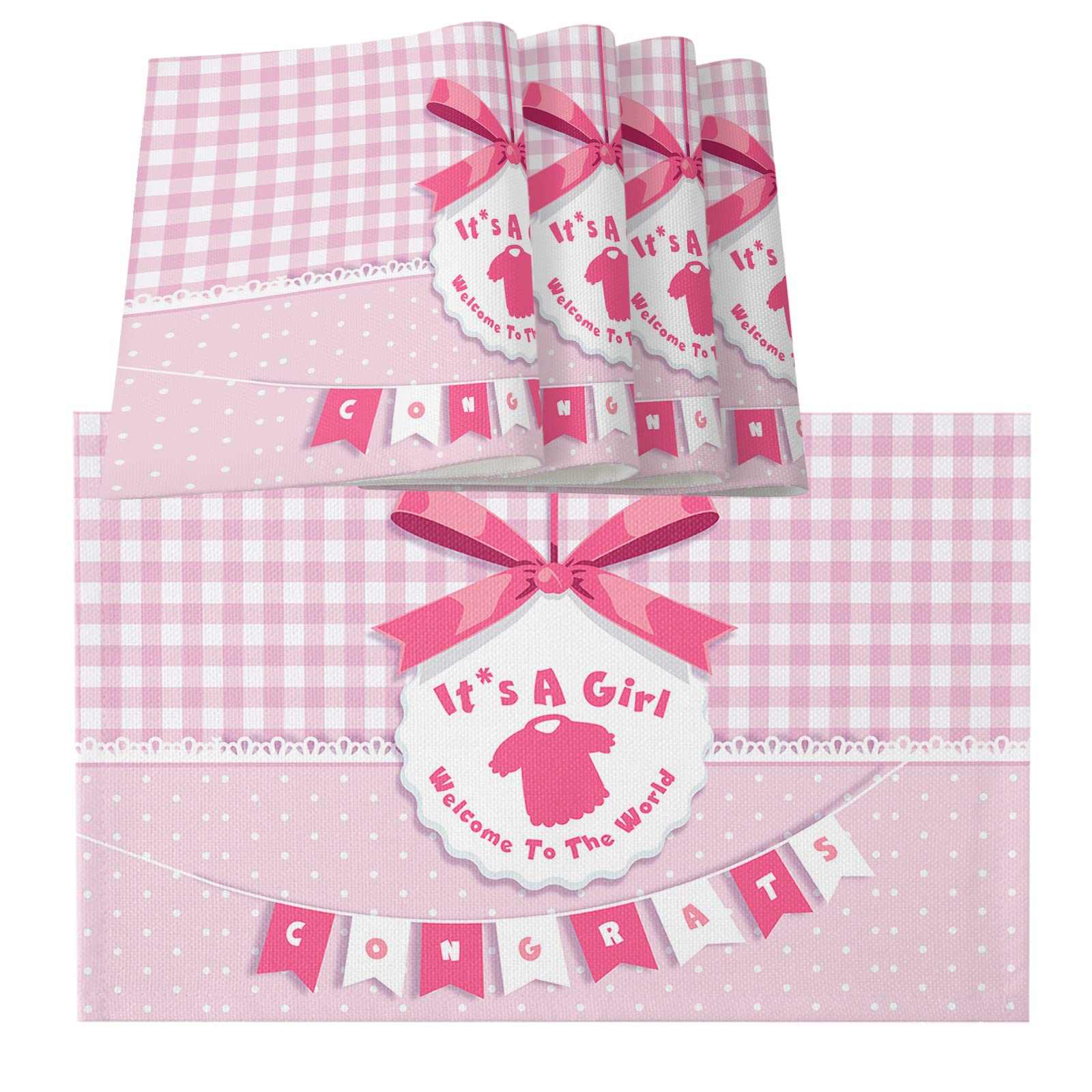 Washable Burlap Placemats Set of 6 - Pink Checkered Lace Table Mats for Dining, Kitchen & Party Decor | It's a Girl Celebration, Baby Shower & Home Dining Essentials