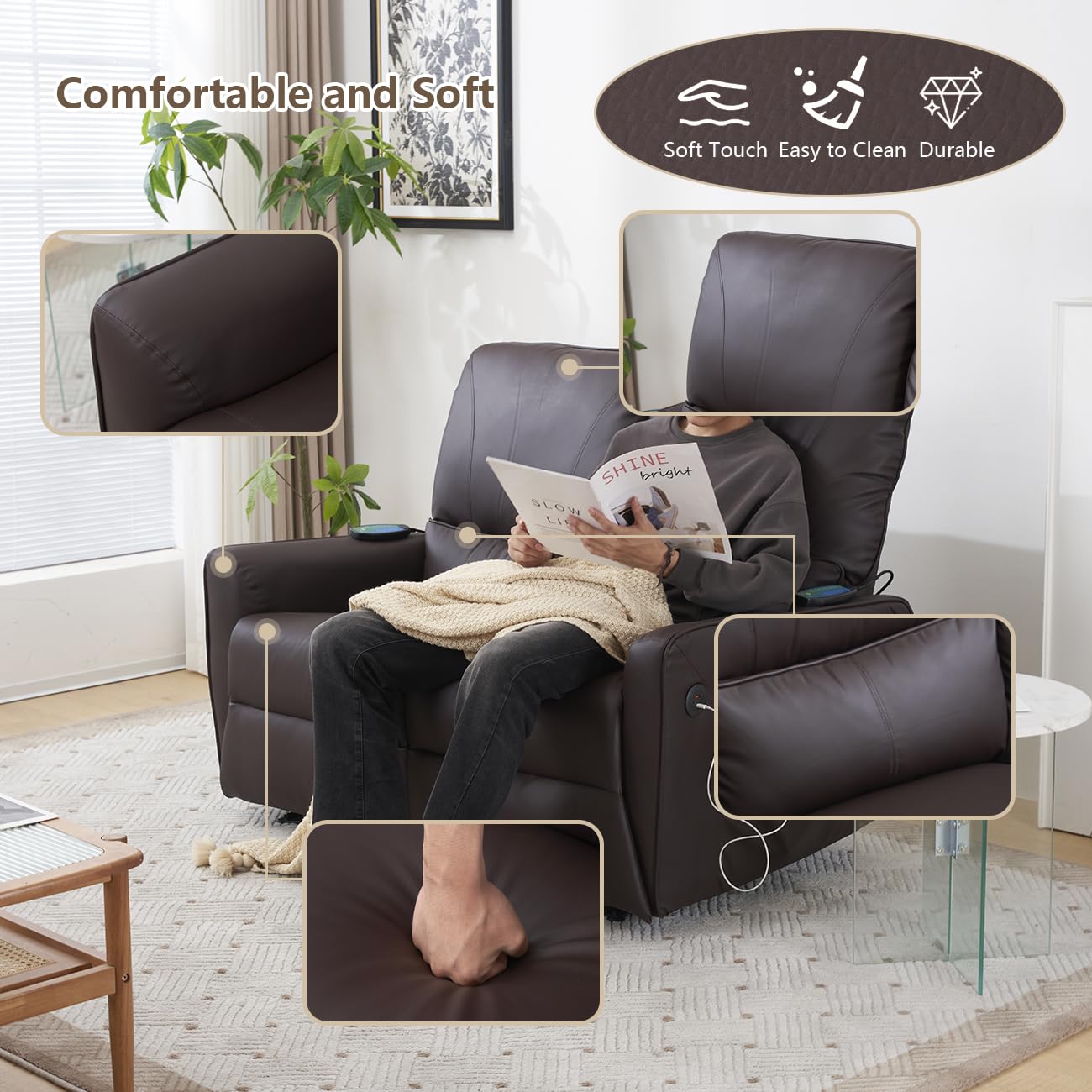 **RVEE RV Loveseat Console Theater Seating – 2-Seater Powered Recliner Double Sofa with USB Charging, Massage & Heat – Faux Leather Brown – Perfect for RV, Home Theater & Living Room**