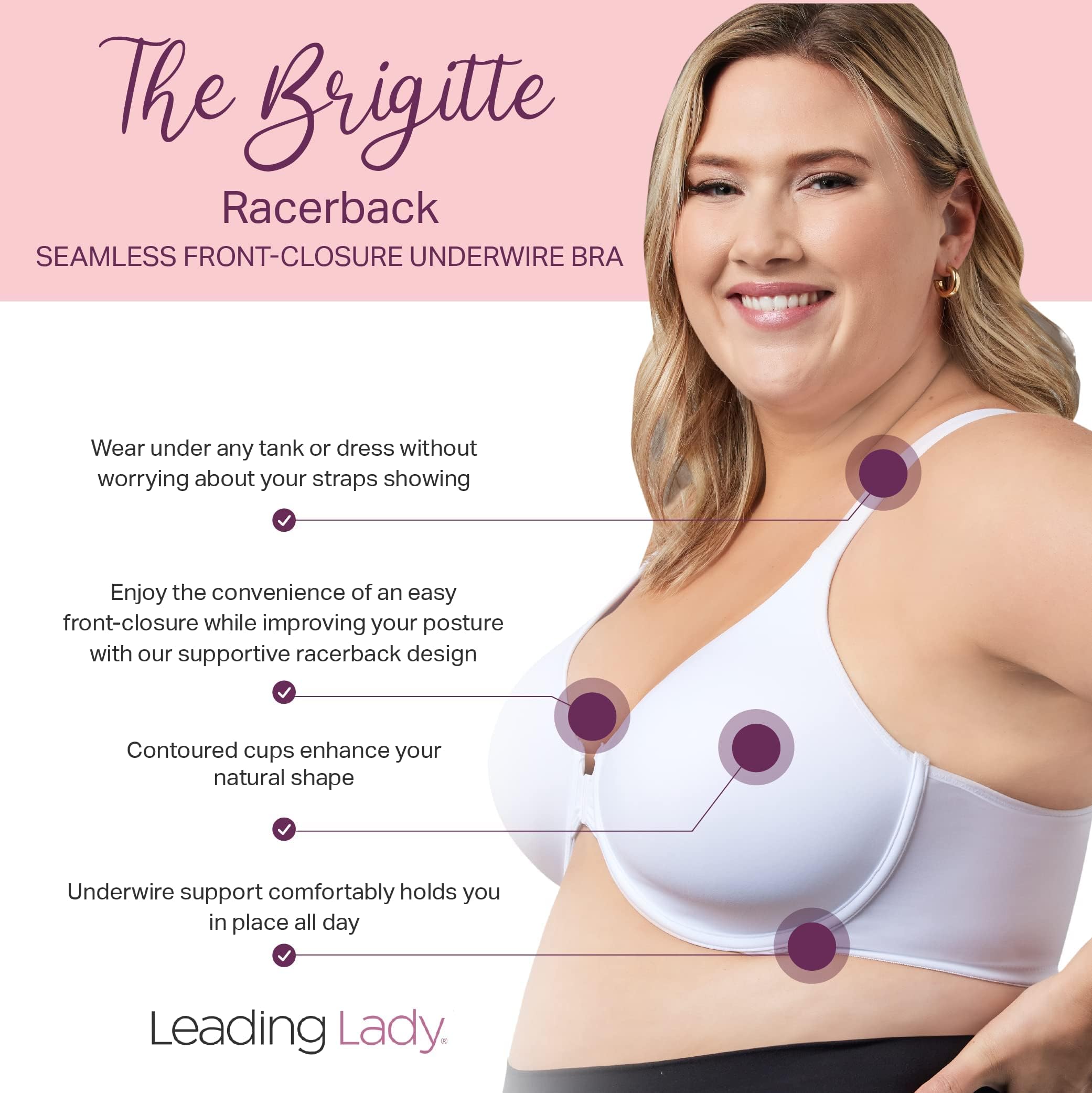 LEADING LADY Brigitte Racerback Front-Closure Bra - Molded, Padded, Seamless T-Shirt Bra for Women | Plus Size Support | Perfect for Yoga, Workouts & Everyday Comfort