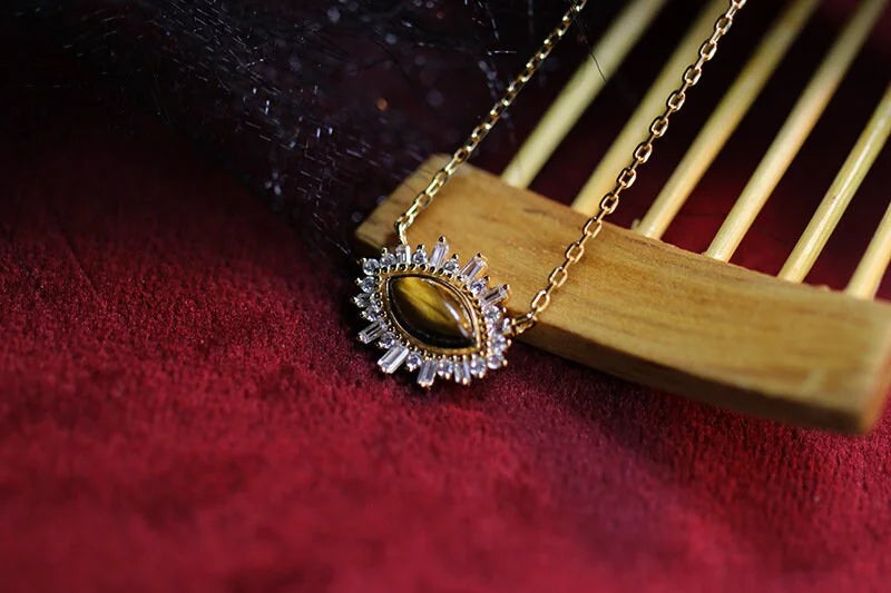 925 Silver 14K Gold Plated Natural Tiger Eye Crystal Ring & Necklace Set - Elegant Jewelry for Women | Perfect for Gifts, Parties & Special Occasions