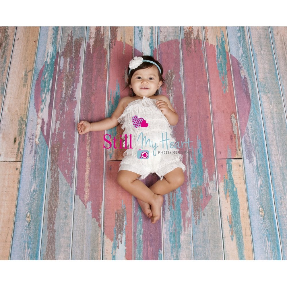Distressed Heart Wooden Planks Photography Backdrop - Non-Slip Rubber-Backed Floor Mat - 4ft x 5ft - Perfect for Wedding, Valentine's Day & Rustic Photo Shoots - Backdrop Express