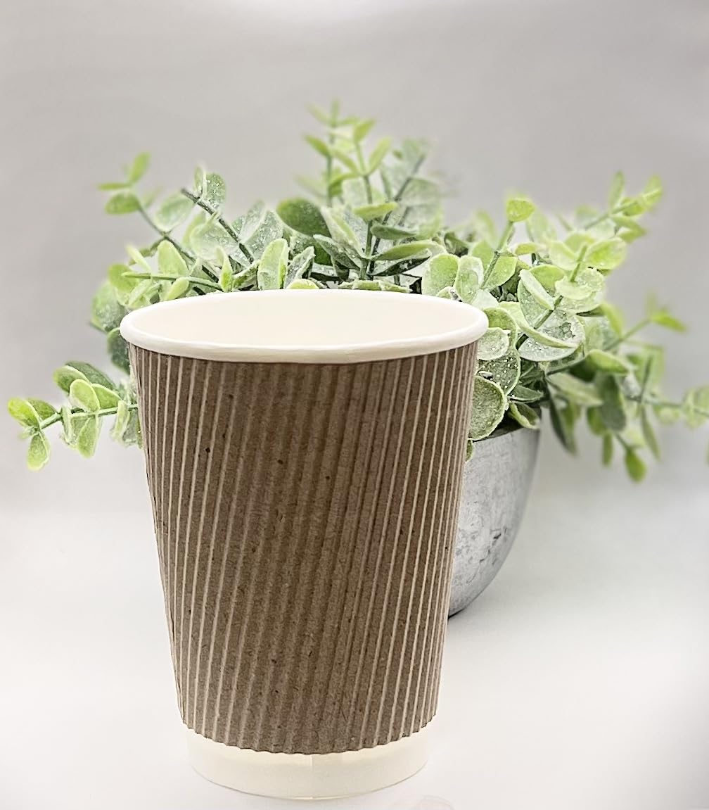 500 Pack 8oz (240ml) Kraft Brown Triple Wall Disposable Coffee Cups - Eco-Friendly Ripple Design for Hot Beverages, Perfect for Coffee Shops, Offices, and Catering Events