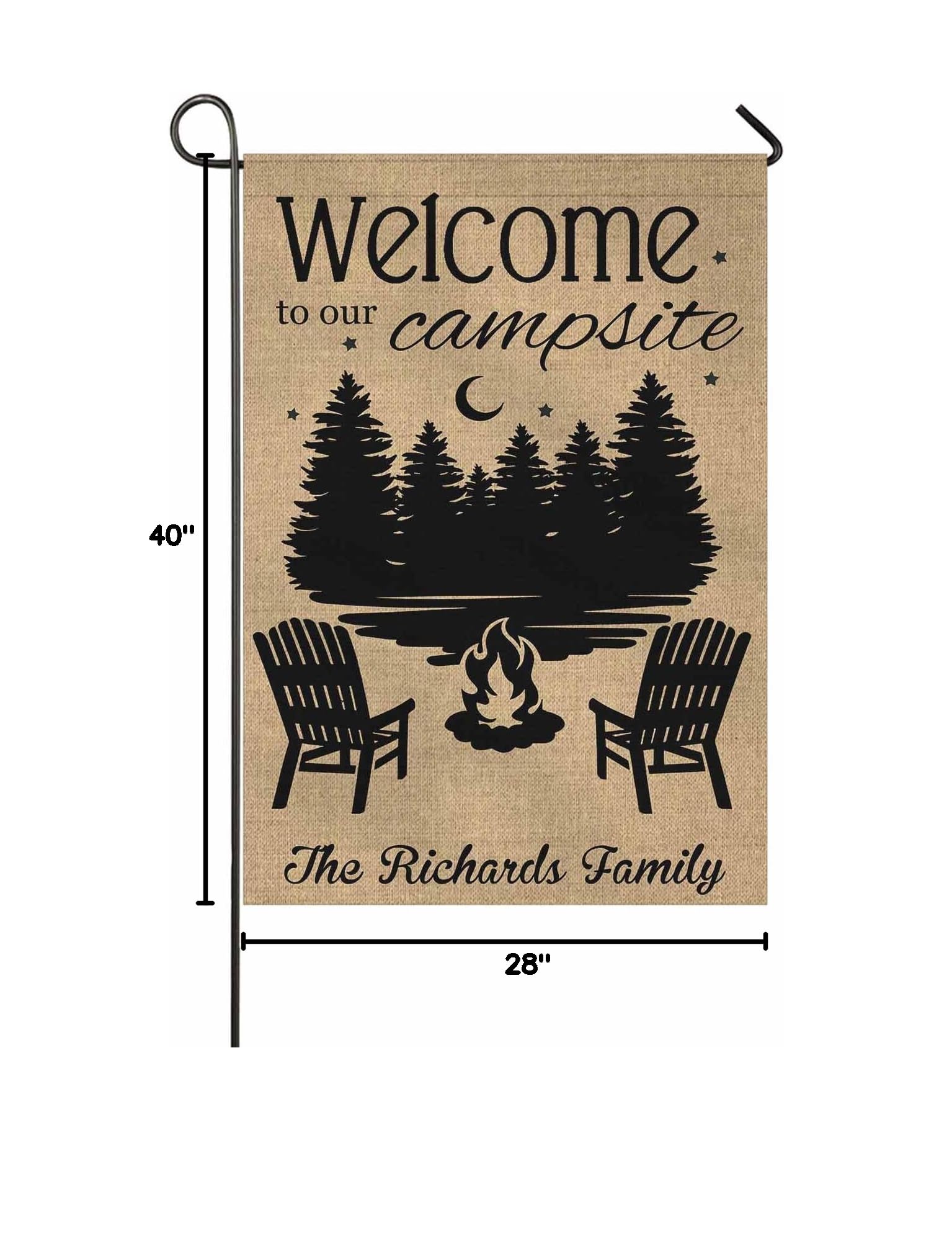Personalized Welcome to Our Campsite Garden Flag - Custom Text Forest Stars Design - 28x40 Inch Outdoor Yard Banner for Campers, RV Parks & Backyard Decor - Perfect for Camping Trips & Cozy Outdoor Gatherings