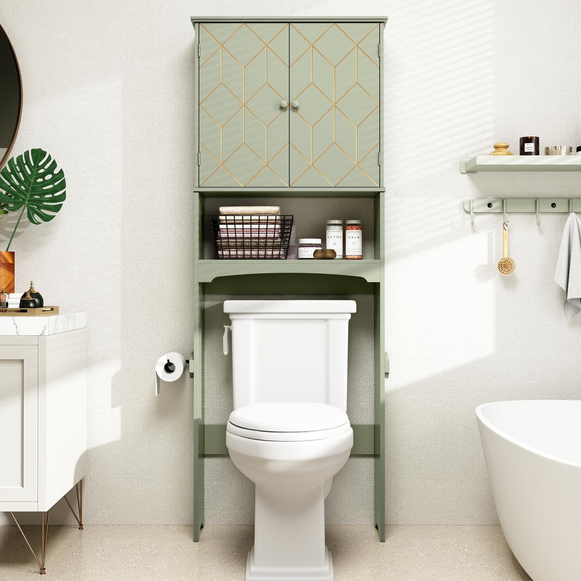 Modern Over The Toilet Storage Cabinet with Gold Trim - Adjustable Shelves & Toilet Paper Holder - Bathroom Organizer for Small Spaces (Green) - Perfect for Apartment, Dorm & Compact Bathrooms