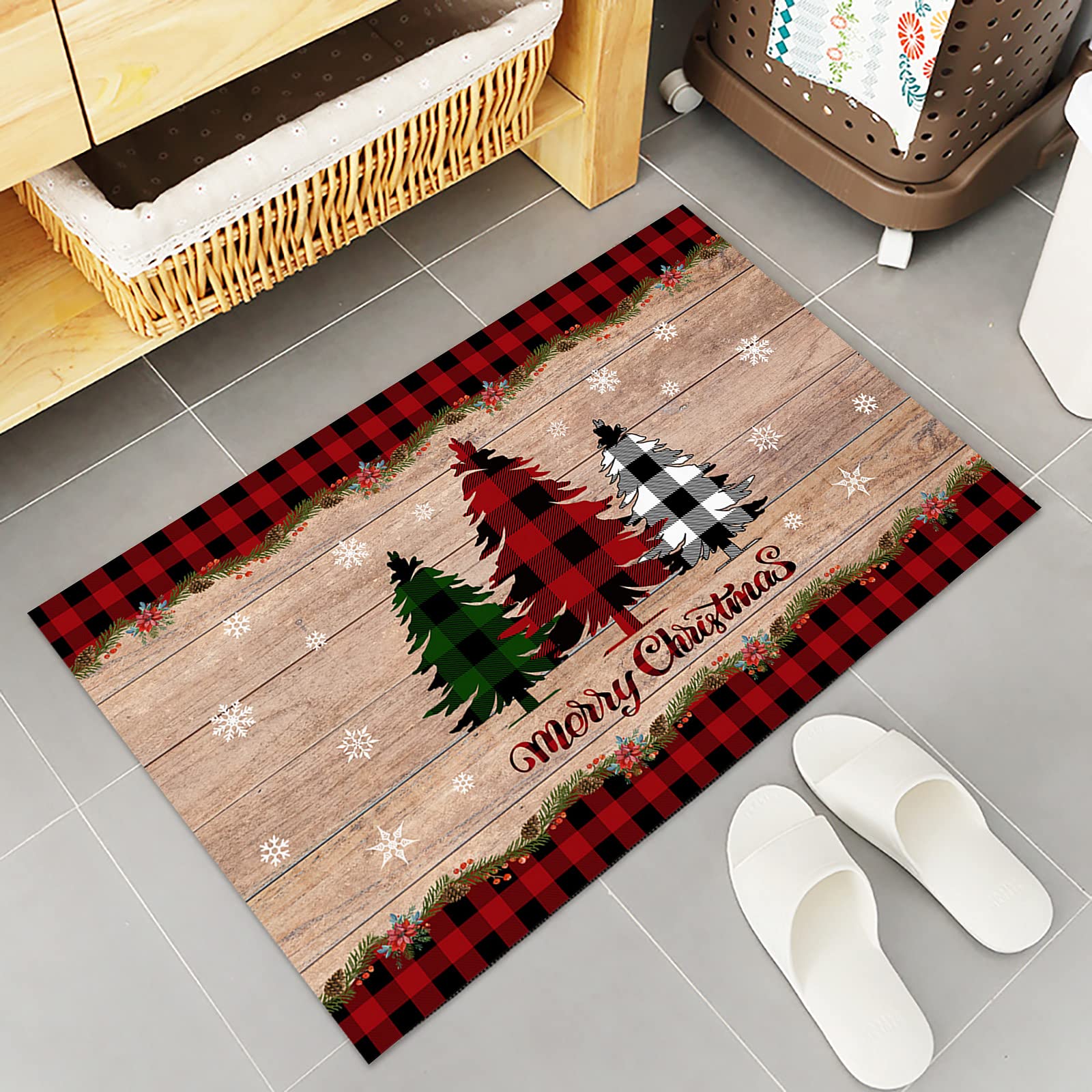 Christmas Welcome Mat - Xmas Trees Indoor Doormat with Non-Slip Rubber Backing, Absorbent Washable Front Door Mat for Holiday Decor - Merry Christmas Plaid Snowflake Retro Design for Home, Porch & Pet-Friendly Entryway