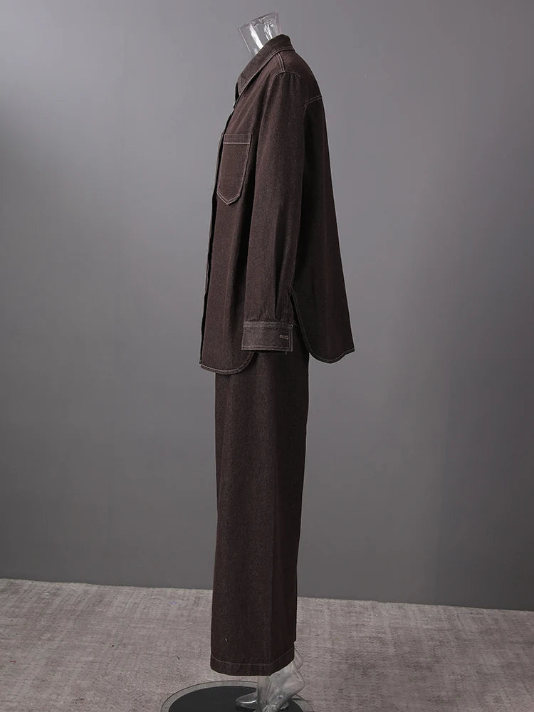 Big Size Denim Shirt & Wide Leg Pants Two-Piece Suit for Women | Lapel Long Sleeve Fashion Set | Spring Autumn 2025 Trendy Outfit | CPG2885 | Perfect for Office Wear, Casual Dates & Street Style