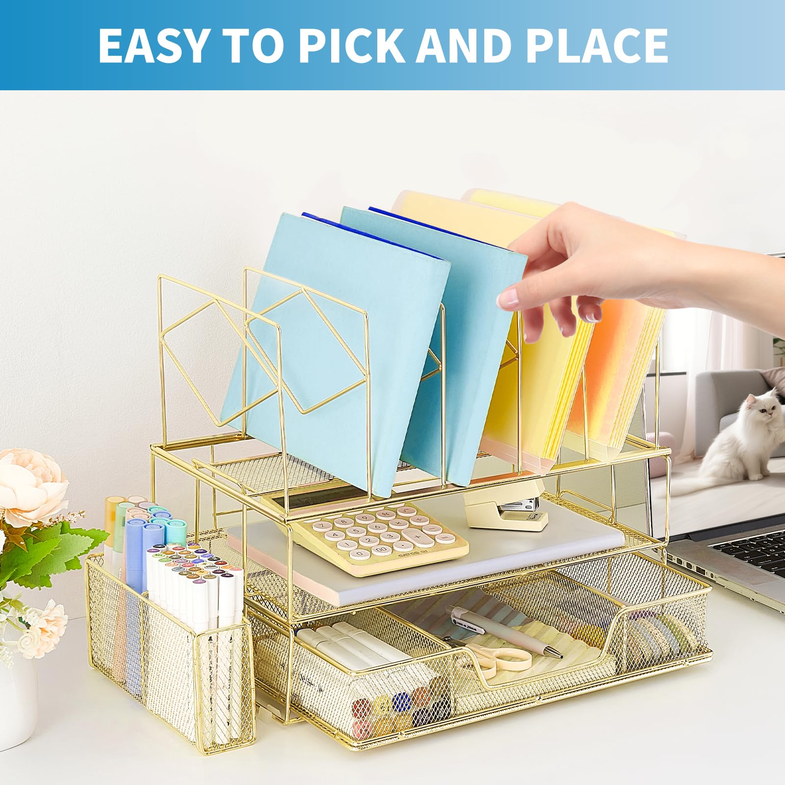 Youbetia Gold Double Tray Desk File Organizer with 5 Upright Sections, Pencil Holder & Drawer - Office Supplies for Workspace Organization | Perfect for Home Office, Study Desk & Office Workstation Accessories