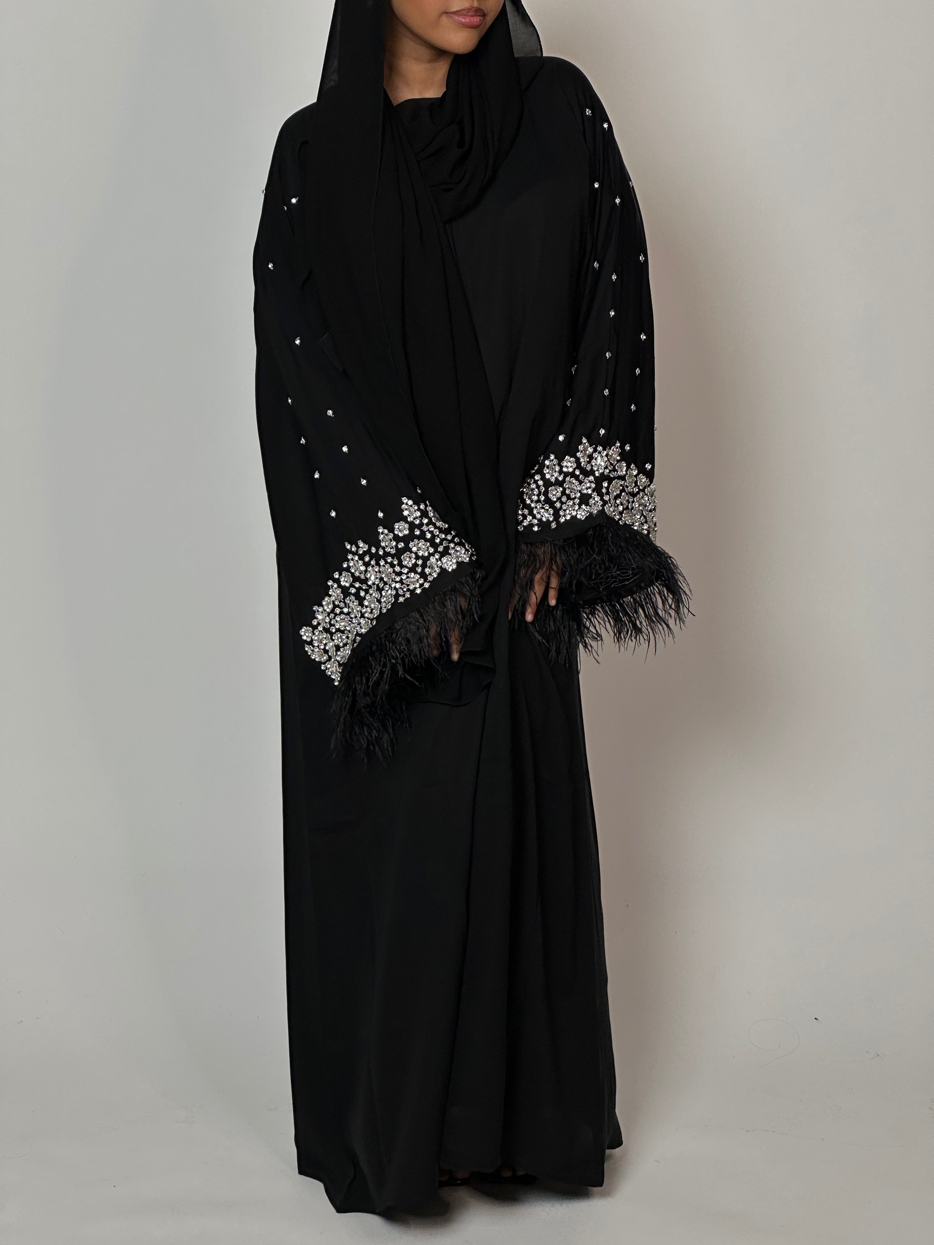 Elegant Diamond Embellished Feathered Abaya Dress for Women - Perfect for Weddings, Parties & Special Occasions