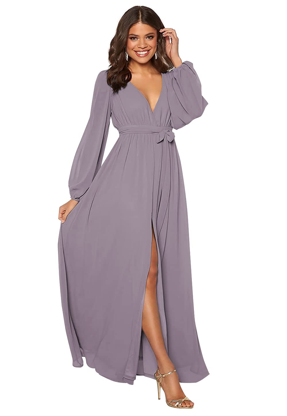 SOLODISH Women's Long Sleeve V-Neck Chiffon Bridesmaid Dress - Elegant Formal Evening Gown with Thigh Slit for Weddings, Parties & Special Occasions