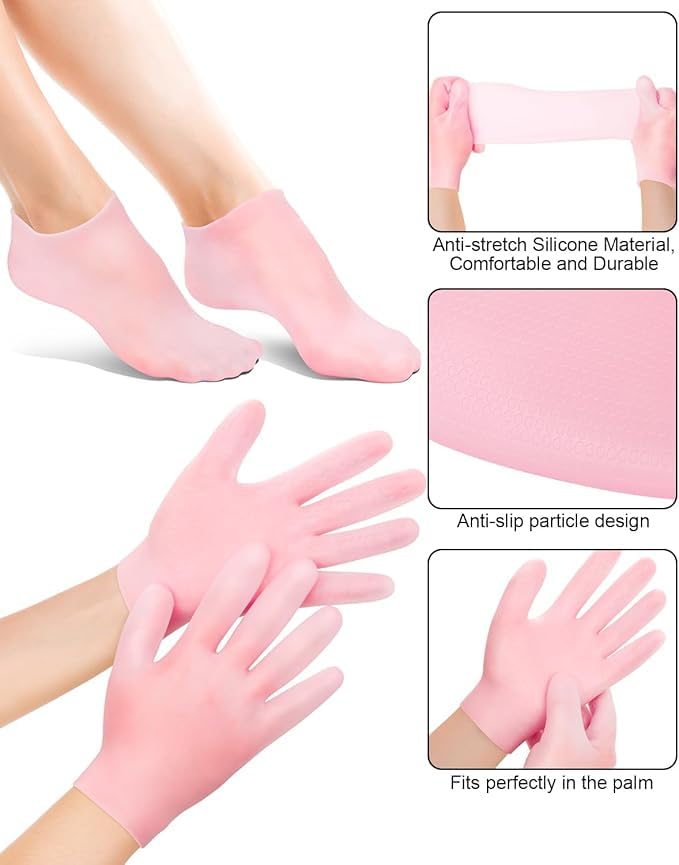 **Moisturizing Silicone Socks & Gloves Set (1 Pair Each) for Dry Cracked Hands & Feet – Intensive Hydration, Callus Treatment & Skin Repair – Softens Rough Skin – Perfect for Overnight Spa Care & Winter Hand Foot Care**