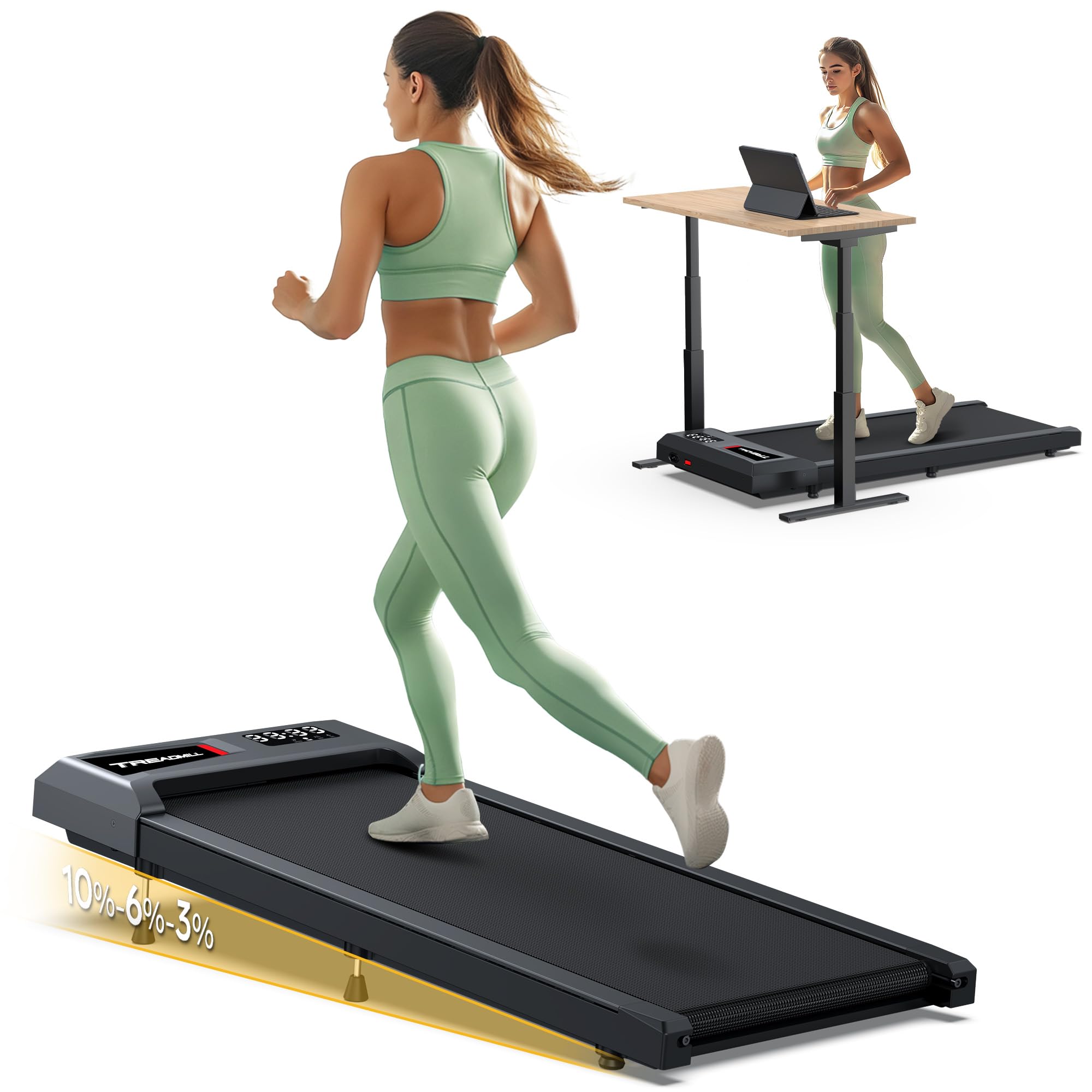 Under Desk Treadmill with Incline - 300lb Capacity Walking Pad, 2.5HP Compact Running Machine for Home & Office, Compatible with KINOMAP WELLFIT - Perfect for Small Spaces, Apartment Workouts & Low-Impact Cardio