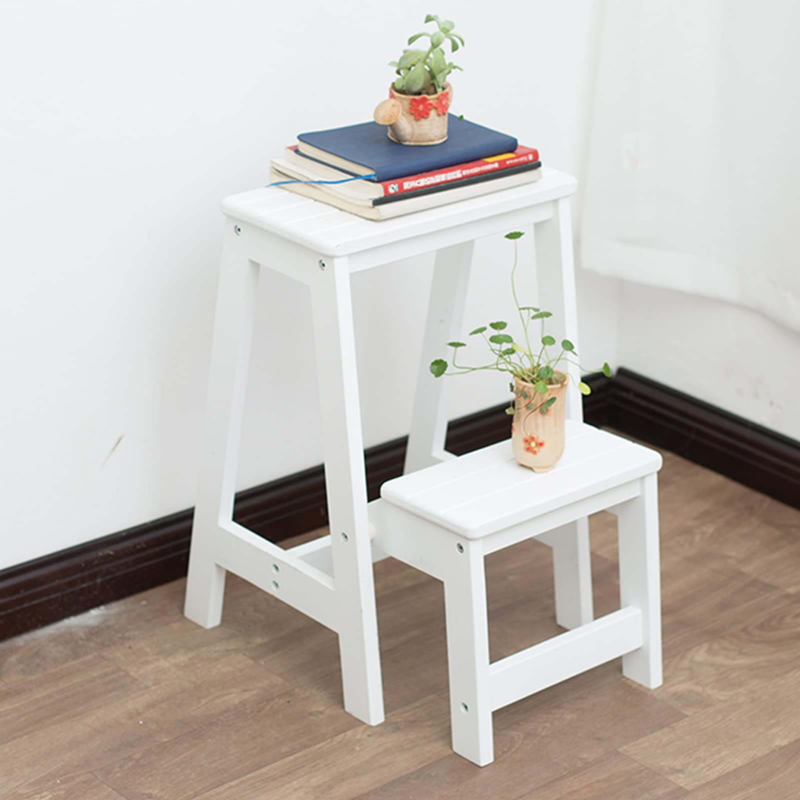 2-Step Folding Wooden Ladder Stool - Space-Saving Foldable Step Stool for Home, Library & Kitchen | Multi-Purpose Storage Shelf, Plant Stand & Decoration | Perfect for Reaching High Shelves, Organizing Books & Displaying Plants (White)