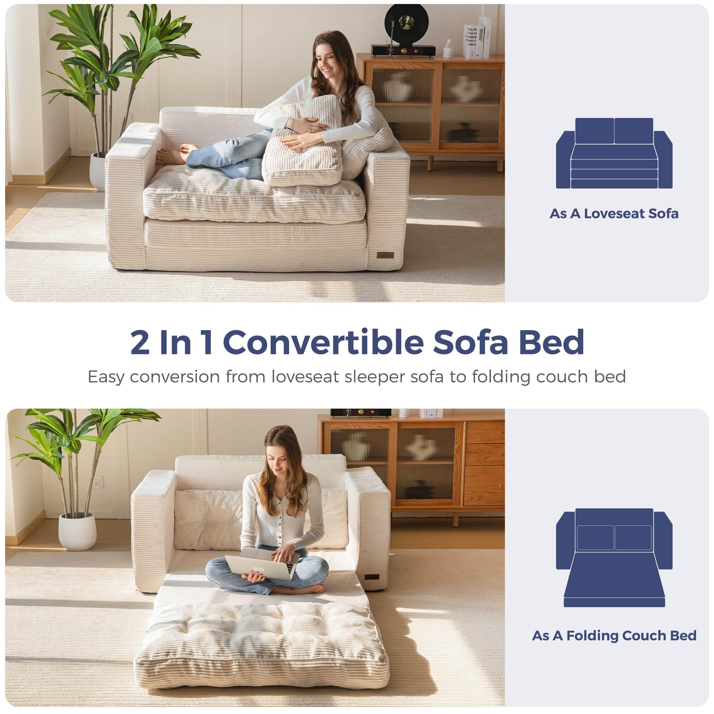 MAXYOYO Convertible Sofa Bed - Foldable Floor Couch with Pillows in Beige | Space-Saving Furniture for Small Apartments, Guest Rooms & Living Rooms