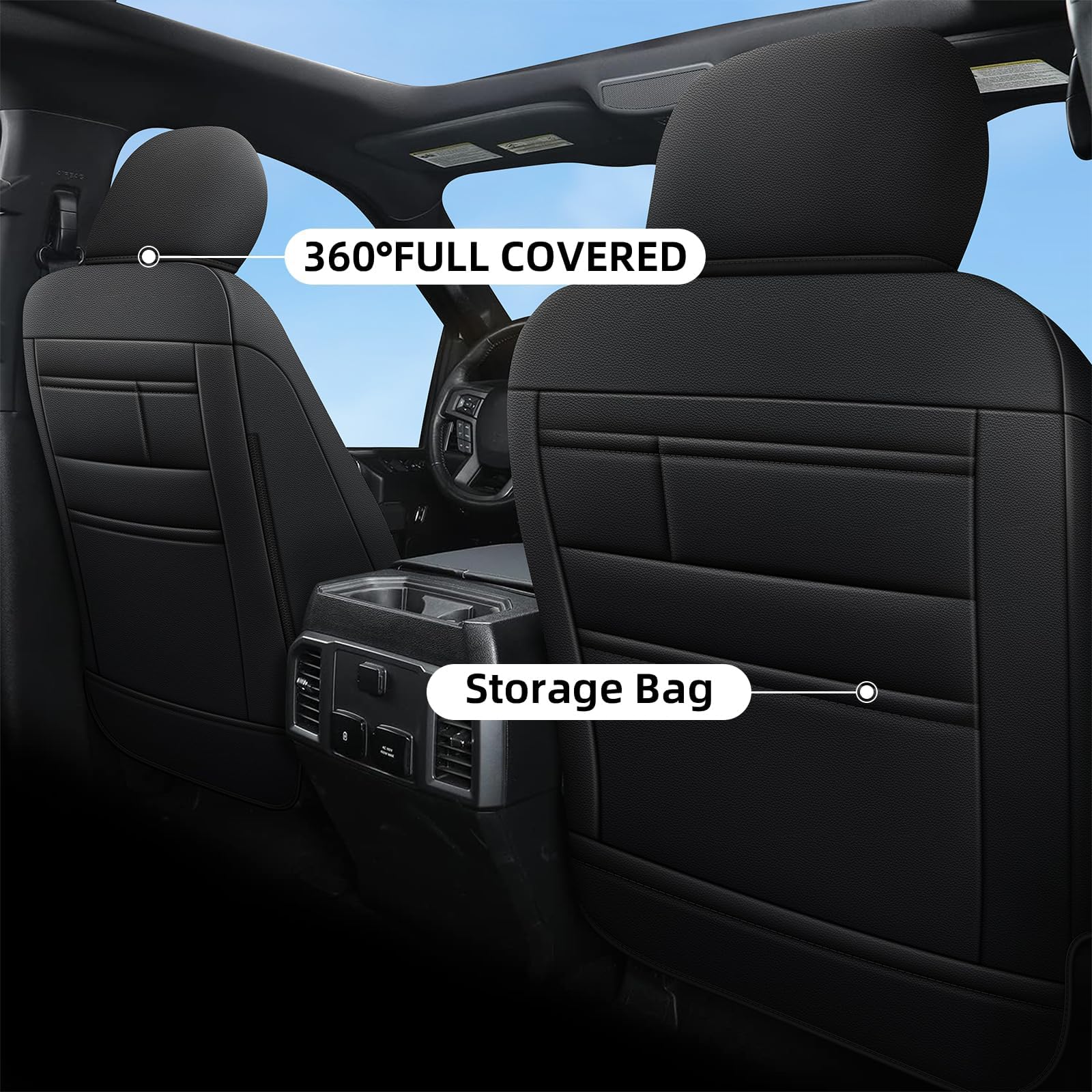 AOMSAZTO Faux Leather Seat Covers for Ford F150 XL XLT (2015-2025) & F250/F350/F450 Super Duty (2017-2025) - Black 2-Piece Front Set - Durable Protection & Comfort Upgrade for Truck Drivers