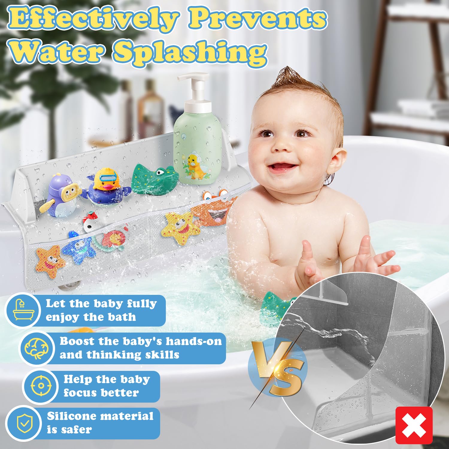 Bathtub Splash Guard with 4 Mesh Pockets & 8 Suction Cups - 22
