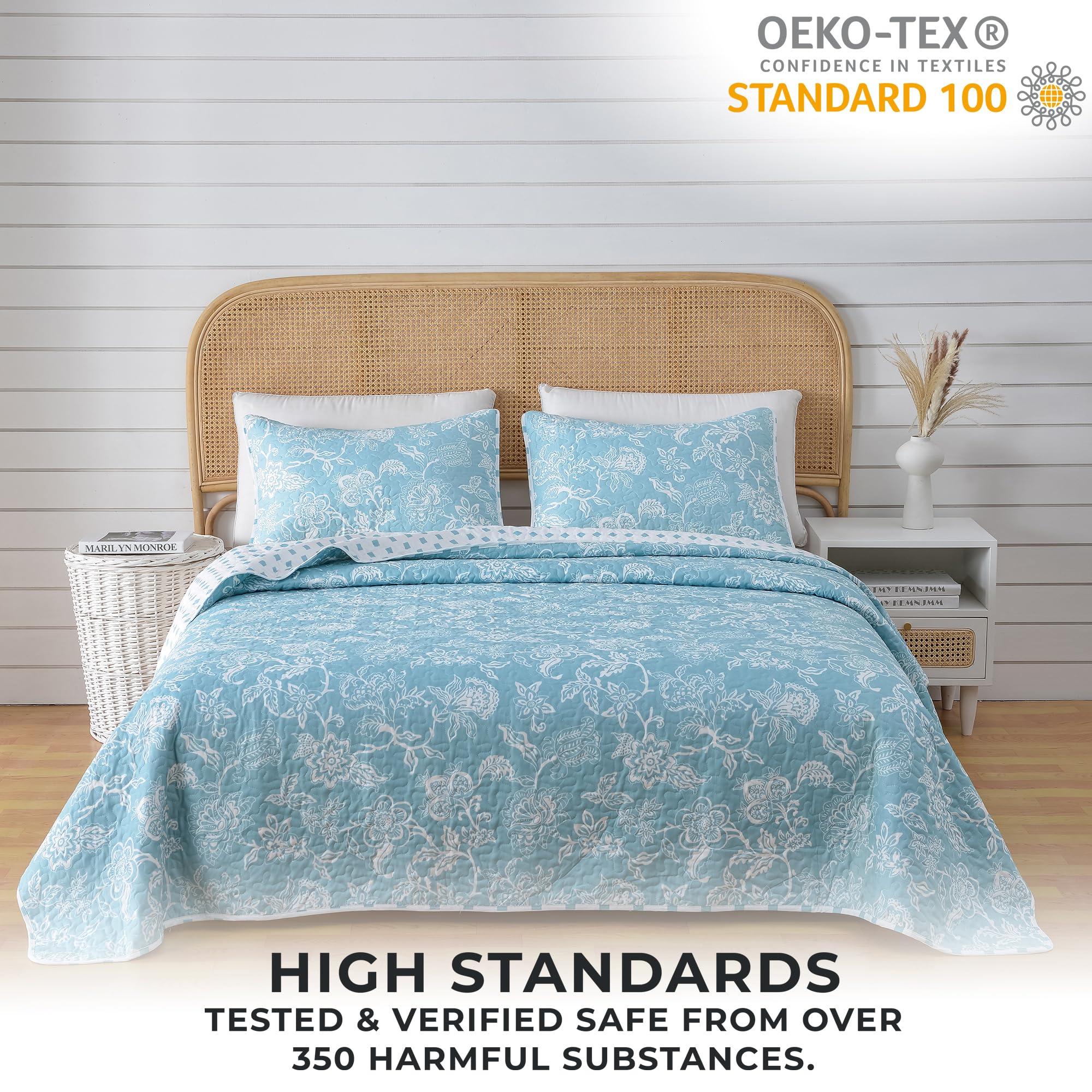 Great Bay Home Floral King Quilt Set with Shams - Delicate Blue Floral Bedding Set | All-Season Lightweight Reversible Bedspread | Farmhouse Style Comfort for Master Bedroom, Guest Room & Cozy Retreats (King, Emma)