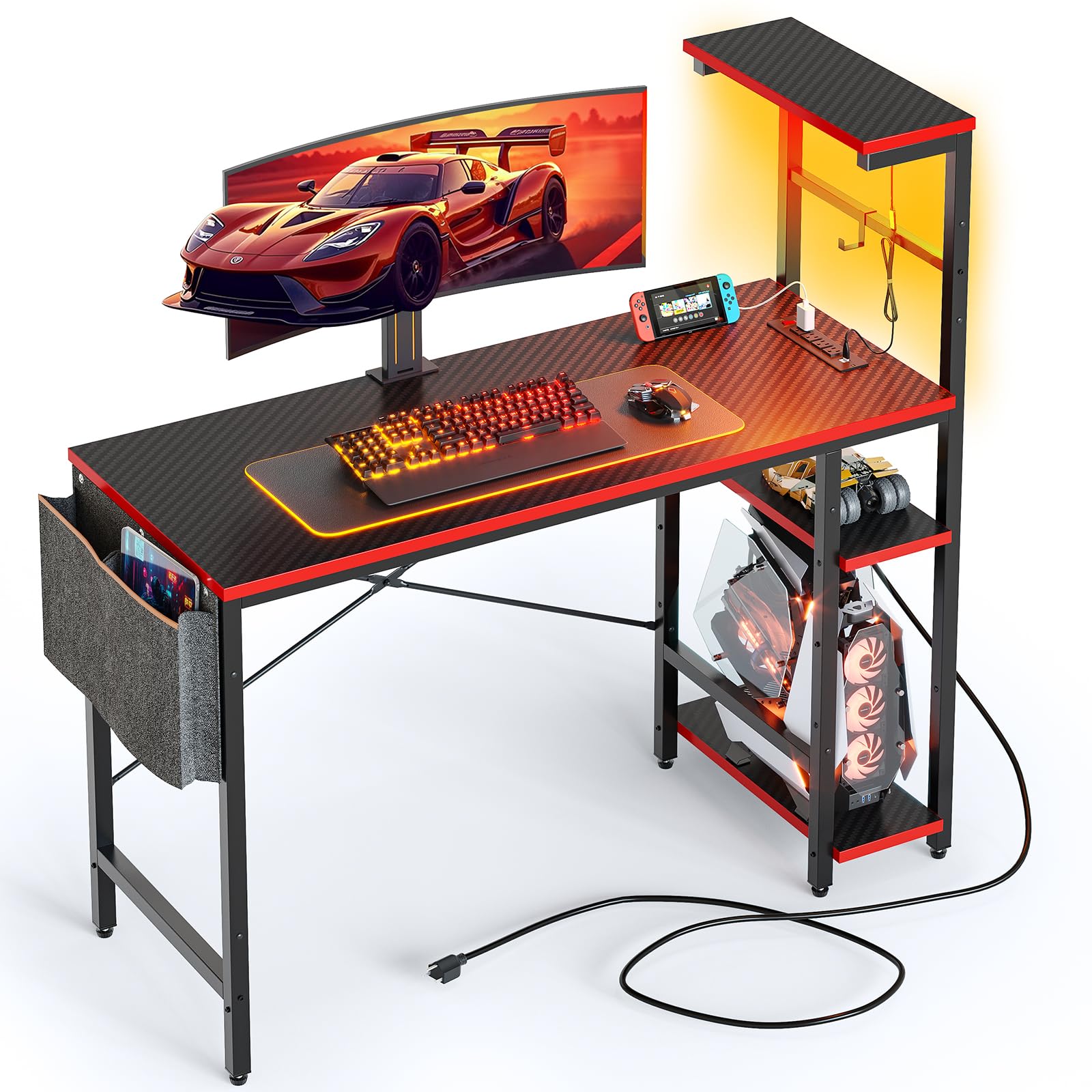 Bestier 44 Inch Gaming Desk with Power Outlets & LED Lights - 4-Tier Reversible Shelves, Headset Hook & Side Storage Bag - Ergonomic PC Gaming Table for Bedroom (Black 3D Carbon Fiber) - Perfect for Esports, Streaming & Home Office Setup