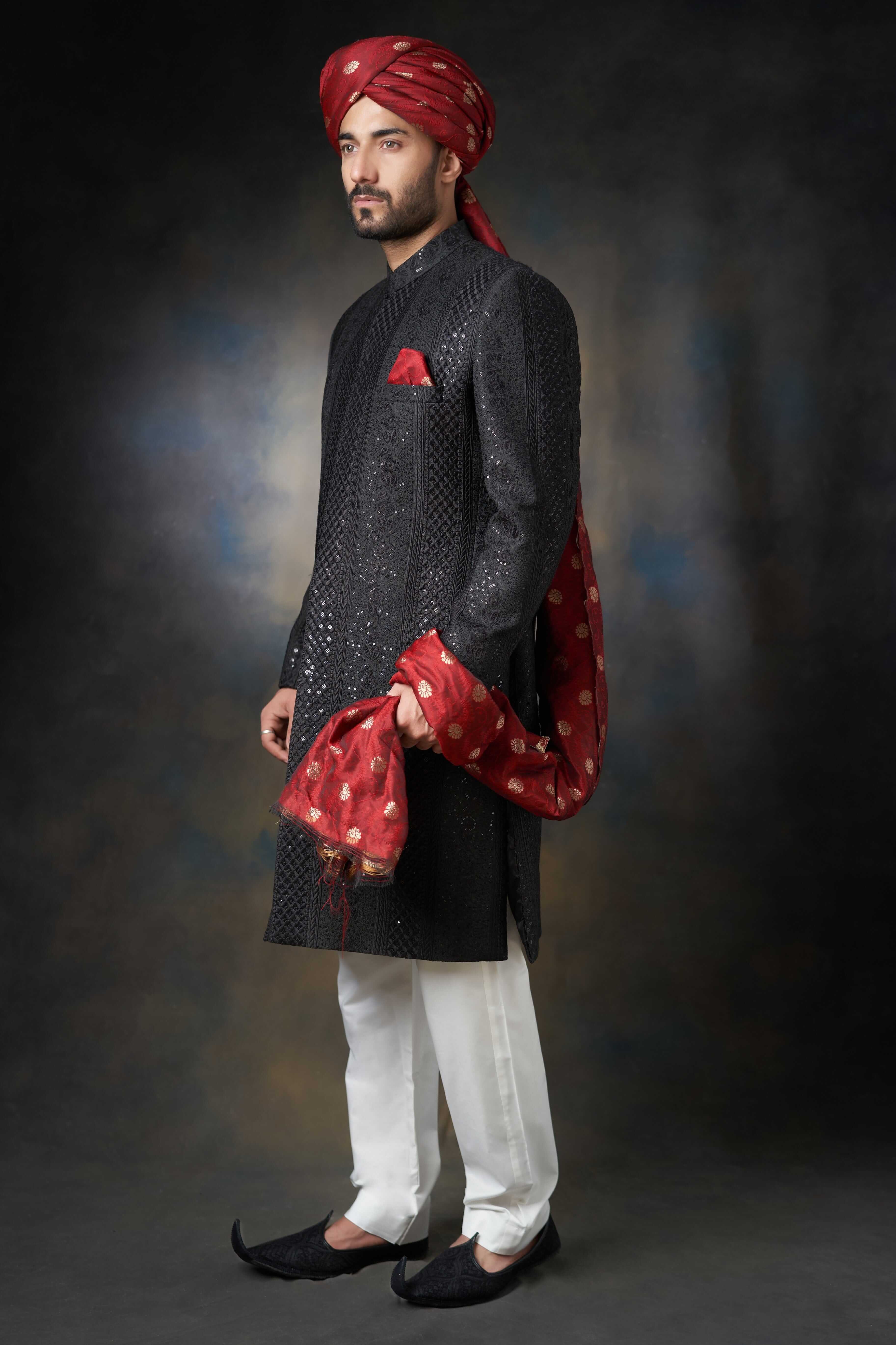 Jet Black All Sequins Raw Silk Sherwani for Men | Elegant Indian Wedding Attire | Perfect for Groom Outfit, Festive Occasions & Special Events