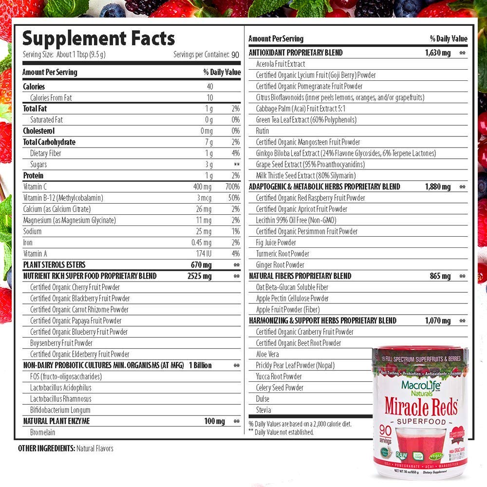 MacroLife Naturals Miracle Reds Superfood Powder - Antioxidant Rich with Polyphenols, Enzymes & Probiotics | Organic, Non-GMO, Vegan, Gluten & Dairy Free (30oz, 90 Servings) - Boost Energy & Immunity for Active Lifestyles