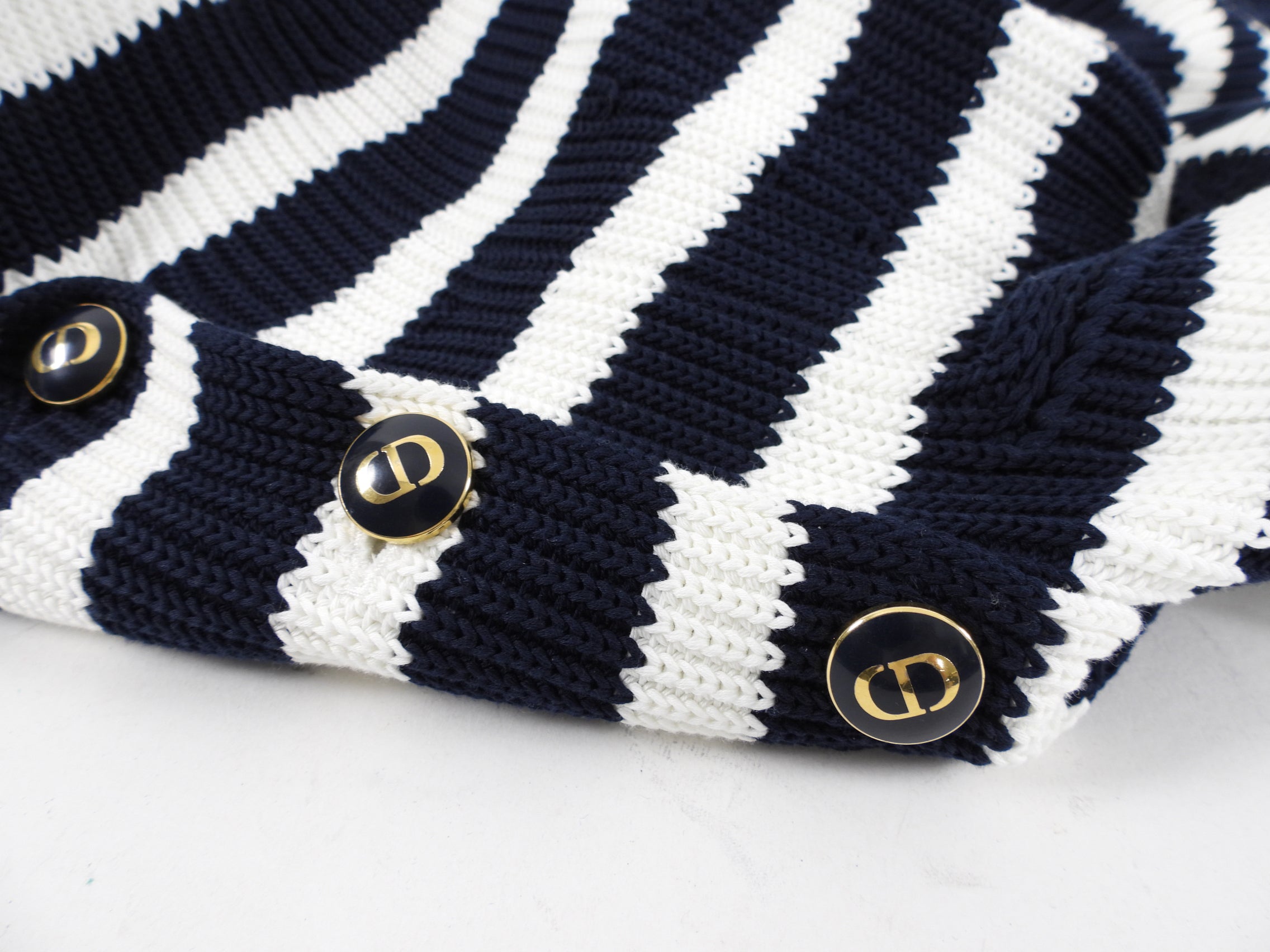 Christian Dior Cotton Stripe Sweater Jacket with CD Buttons - Women's Casual Knit Cardigan (Size S/M) | Perfect for Office Wear, Date Nights & Fall Layering