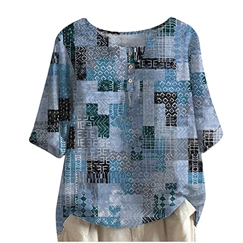 Women's Casual Cotton Linen Shirt - 3/4 Sleeve Crew Neck Loose Fit Tunic Top with Side Split | Summer Comfort Blouse for Work, Travel & Everyday Wear