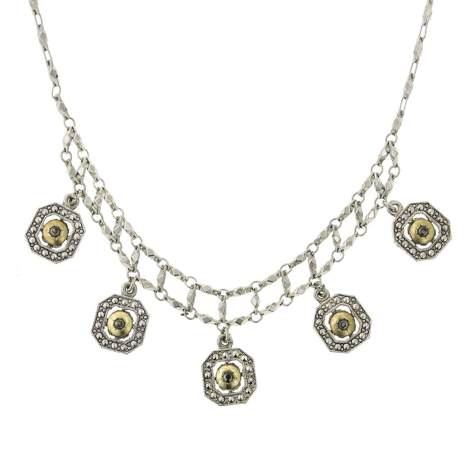 1928 Jewelry 5 Faux Marcasite & Gold Tone Octagon Drop Necklace - 15