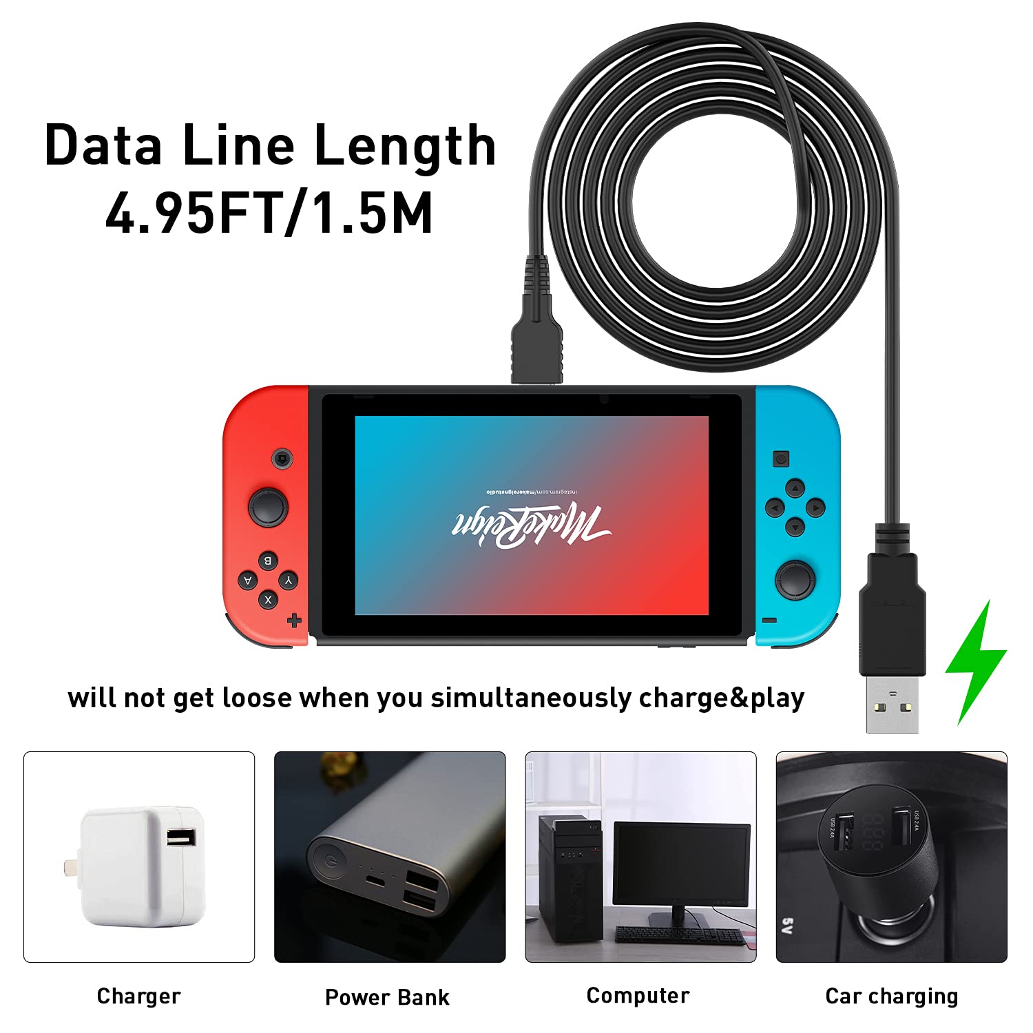 Premium RONVEI 10FT Charger Cable for PS4, PS5, Xbox Series & Switch Controllers - Fast Charging Micro USB & USB-C Cord - Durable Gaming Accessories for Playstation, Xbox & Nintendo (Black) - Perfect for Long Gaming Sessions & Multi-Device Charging