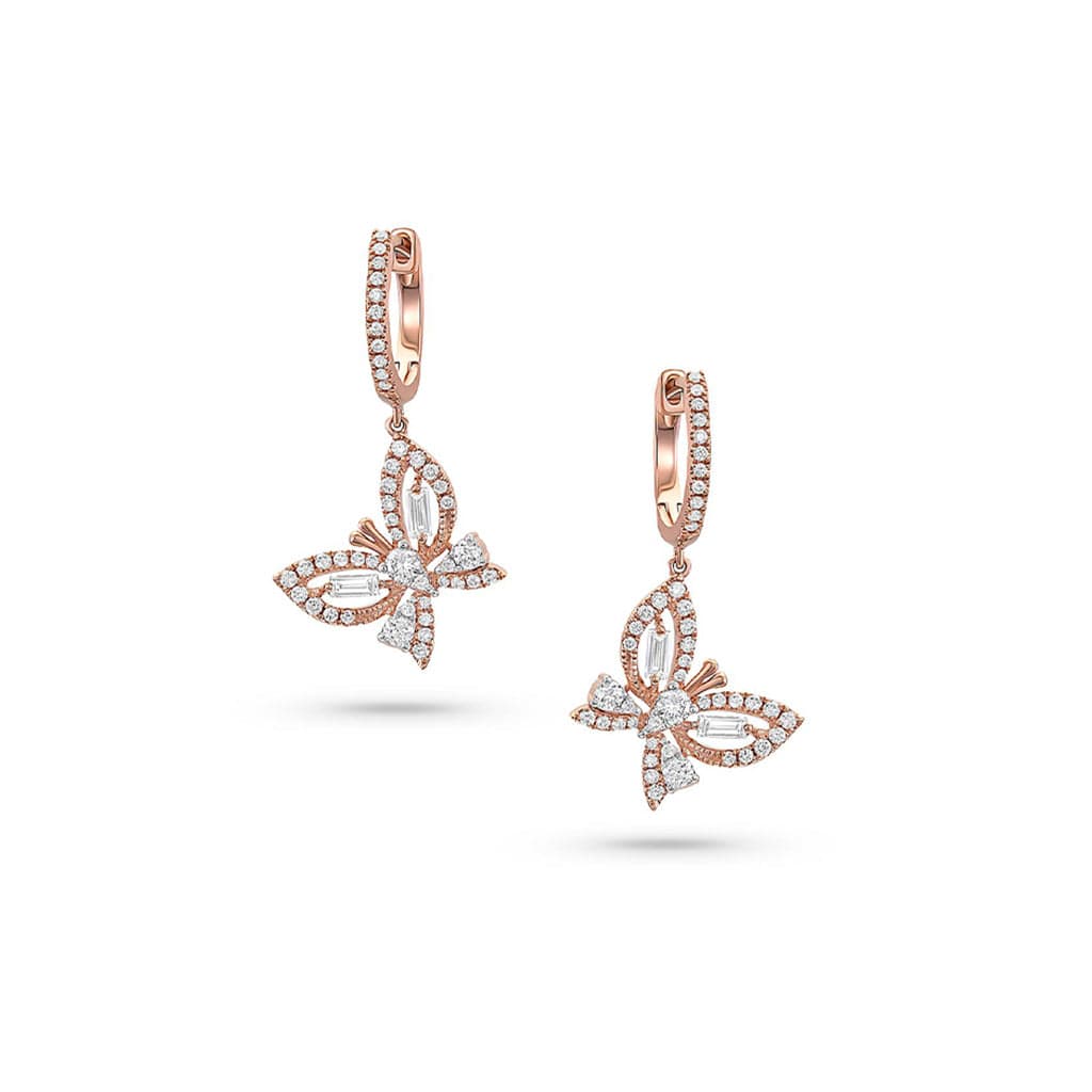 18K Rose Gold Diamond Butterfly Drop Earrings for Women - Elegant Dangle Earrings for Wedding, Party & Evening Wear - Hypoallergenic Luxury Jewelry Gift