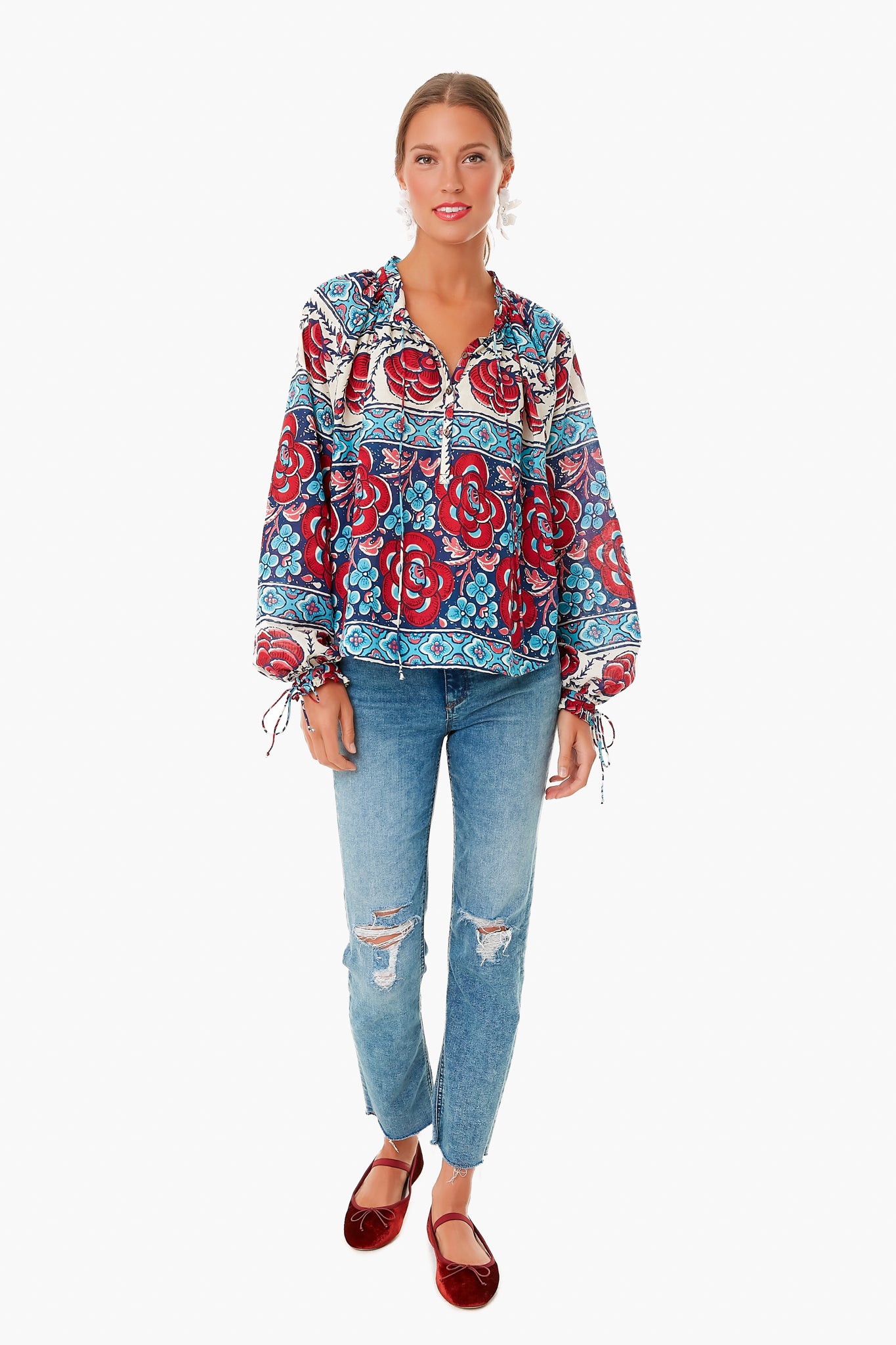 Blue Multi Floral Tie Sleeve Blouse for Women | Elegant Floral Print Tunic Top | Perfect for Office, Date Night & Spring Outfits