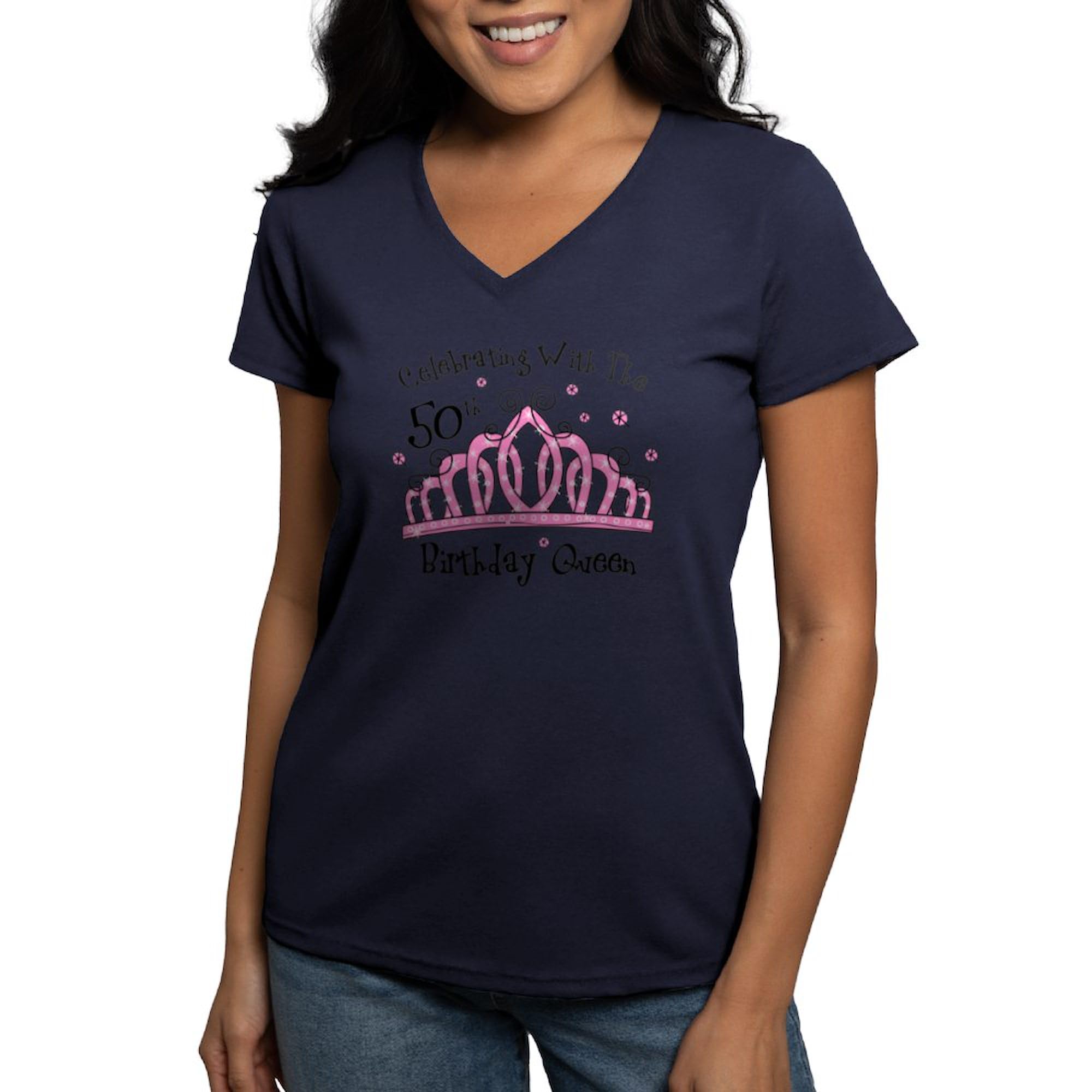 50th Birthday Queen Tiara Women's V-Neck Cotton T-Shirt - Fun Birthday Gift for Women, Party Outfit, Casual Wear