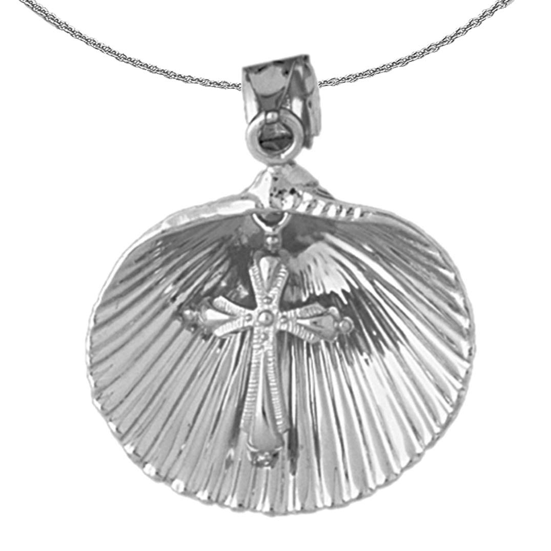 14K White Gold Cross and Seashell Pendant Necklace - 16