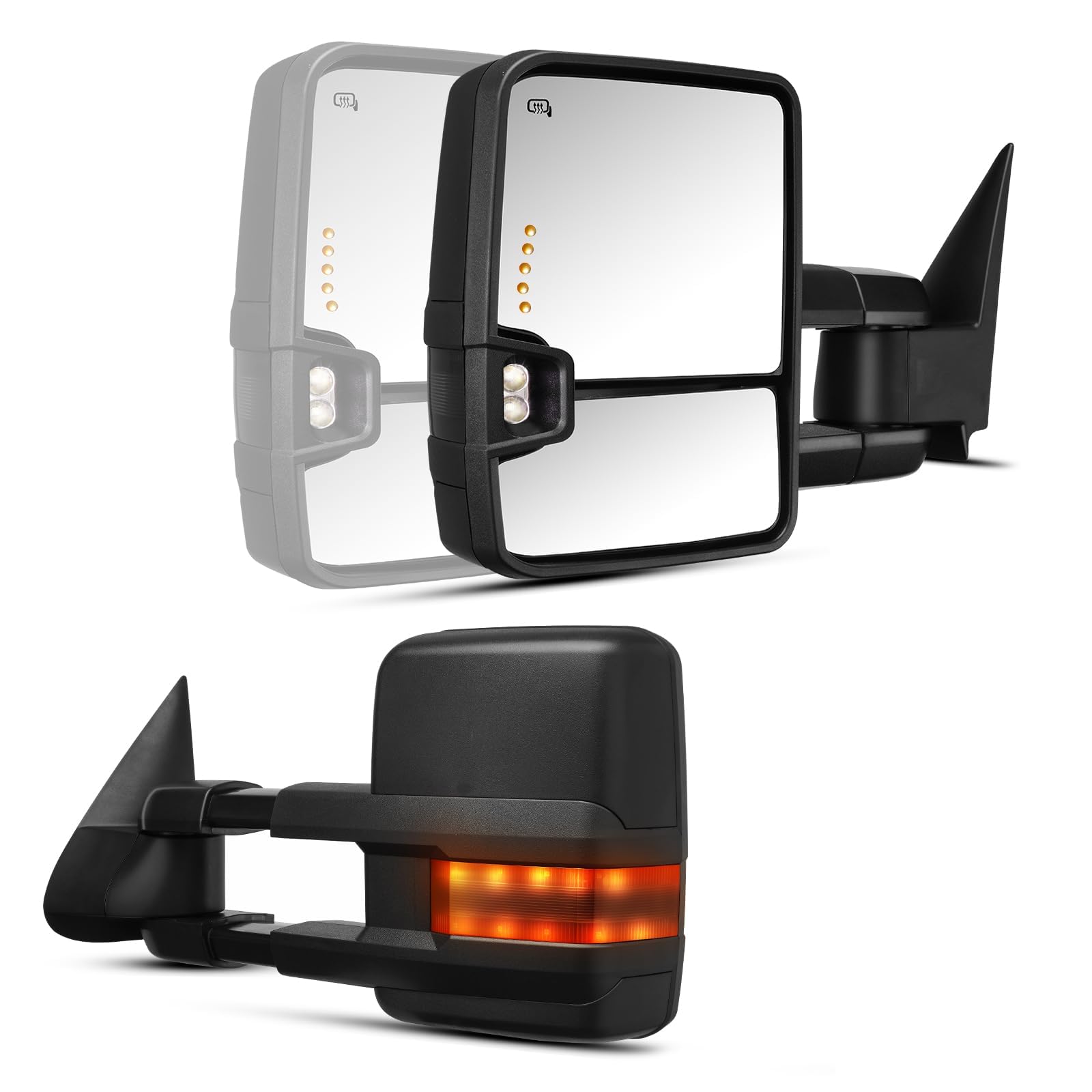 KAX Power Heated Tow Mirrors with LED Turn Signal & Backup Lamp - Compatible with 2003-2006 Chevy Silverado Tahoe GMC Sierra - Extendable Pair Set - Perfect for Towing, Night Driving & Winter Conditions