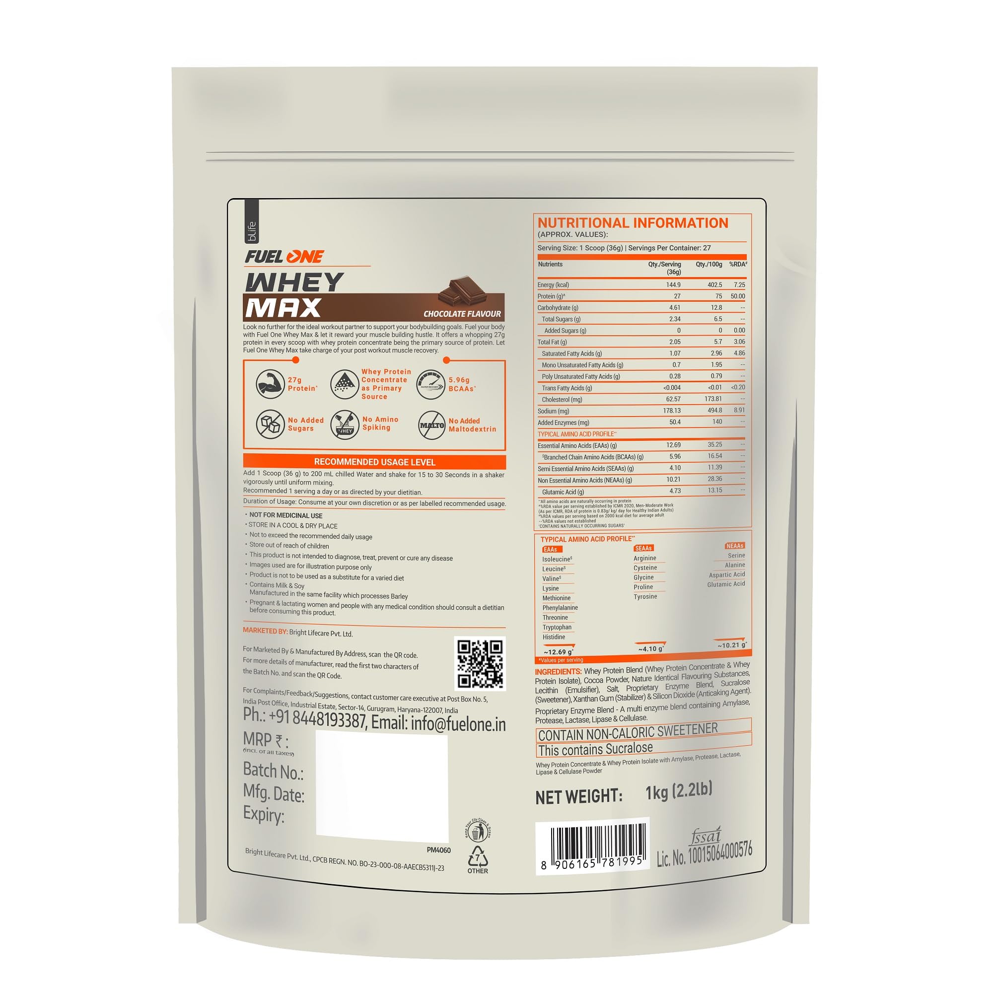 FUELONE Whey Max Chocolate Protein Powder (1kg / 2.2lbs) - Whey Protein Concentrate & Isolate Blend - 27g Protein per Serving - Ideal for Post-Workout Recovery & Muscle Building