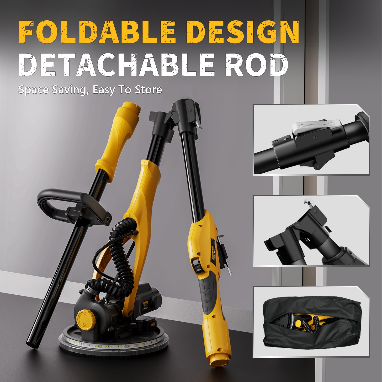 1050W Electric Drywall Sander with Vacuum Dust Collection | 2100RPM Wall Sander with 6 Speed Settings | Foldable Extendable Handle & LED Lights | Includes Dust Bag & Hose | Perfect for Home Renovation, Drywall Repair & Professional Construction Projects