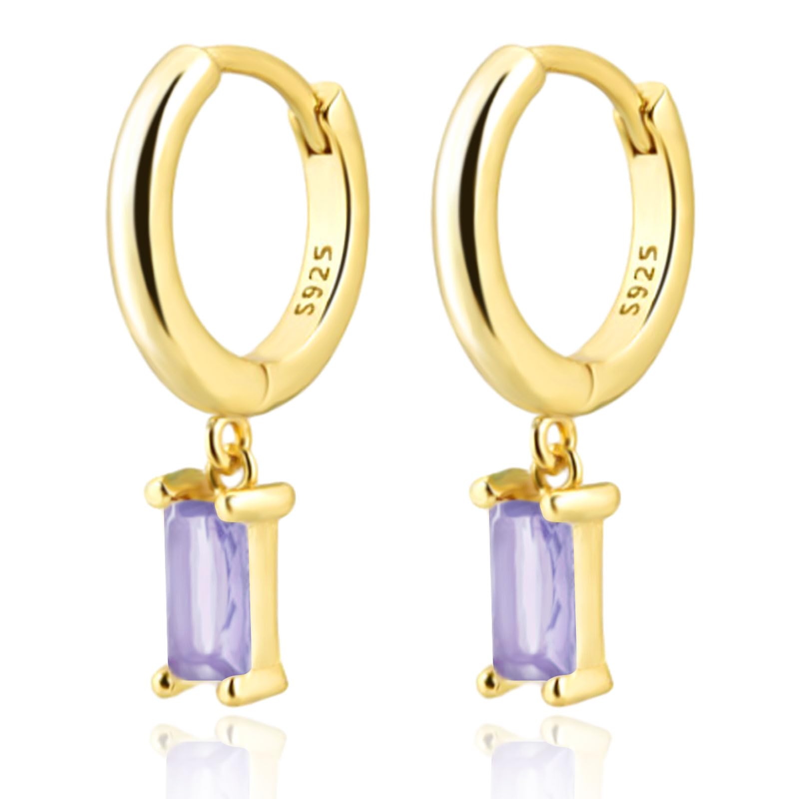 14K Gold Plated Huggie Hoop Earrings with Small Purple Drop - Hypoallergenic Dangle Earrings for Women & Girls - Elegant Jewelry Gift for Birthday, Anniversary & Special Occasions (Purple & Gold)