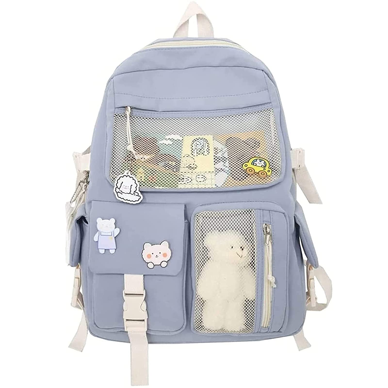 QRTU Cute Aesthetic Backpack for Women & Girls - Japanese Style Bear Print Laptop Backpack, Travel Backpack for School, Work & Daily Use (Blue, 10.2x7x14.96 Inches) - Perfect for College, Office & Commuting