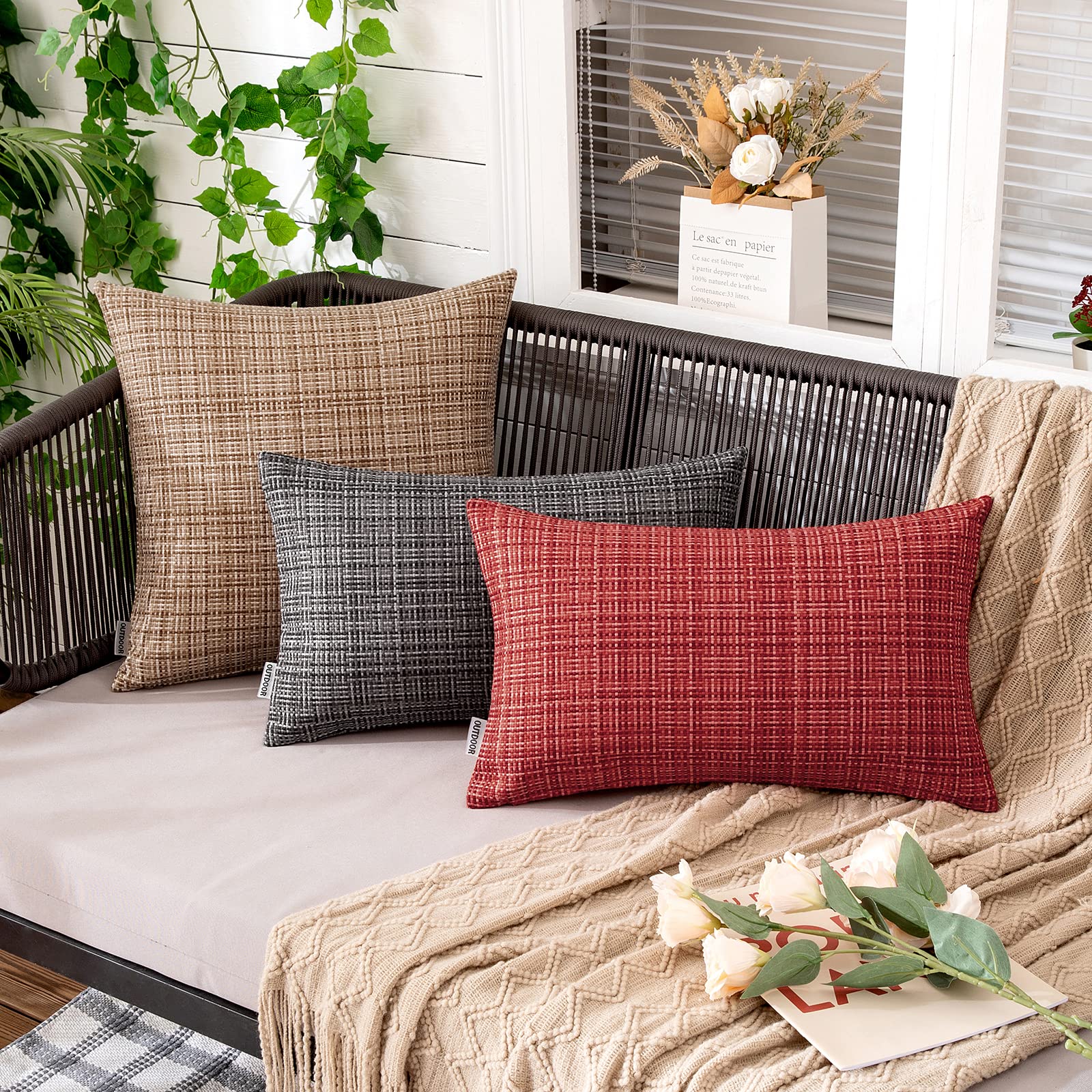 MIULEE Waterproof Outdoor Throw Pillow Covers 12x20 Inch - Farmhouse Decorative Cushion Covers for Patio, Garden, Tent, Sofa & Couch - Pack of 2 (Red) - Perfect for Outdoor Furniture, Camping & Home Decor