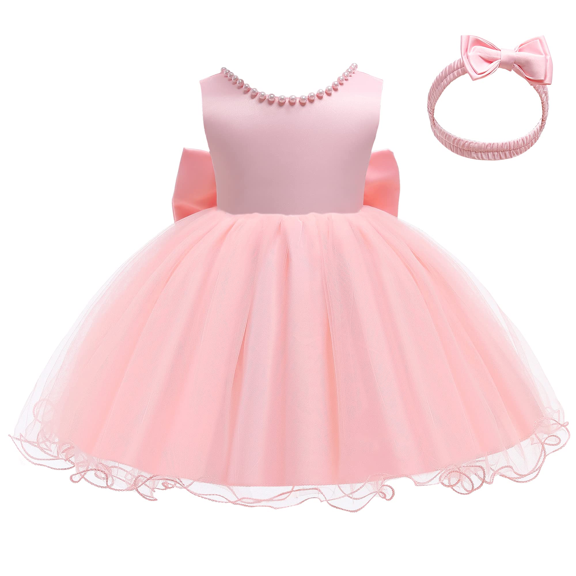 LZH Baby Girls Ruffle Lace Backless Bowknot Dress with Headwear - Flower Girl Pageant Party Wedding Dresses for Special Occasions & Photoshoots