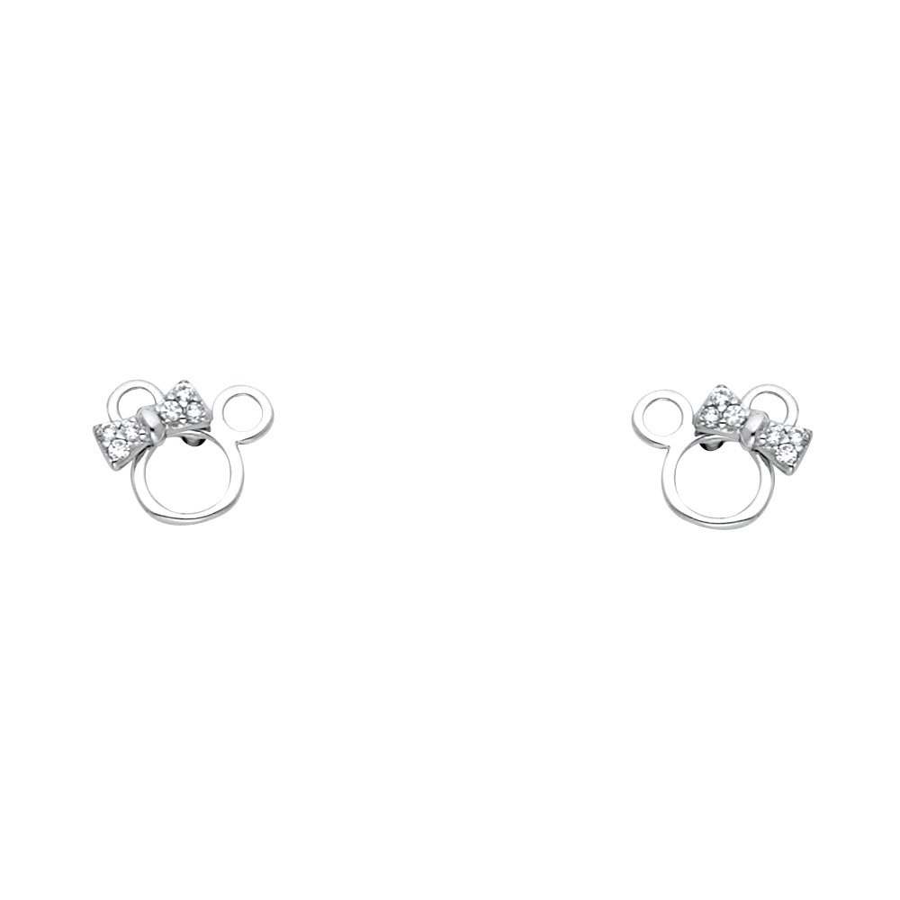 14K White Gold Mouse Stud Earrings with Cubic Zirconia & Screw Backs – Elegant Women's Jewelry for Everyday Wear & Special Occasions
