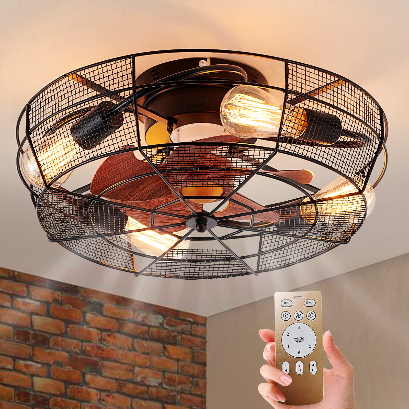 HuixuTe 20-inch Low Profile Bladeless Ceiling Fan with Light & Remote Control, 6-Speed Enclosed Caged Design for Bedroom, Kitchen, Living Room - Quiet & Energy Efficient Cooling Solution
