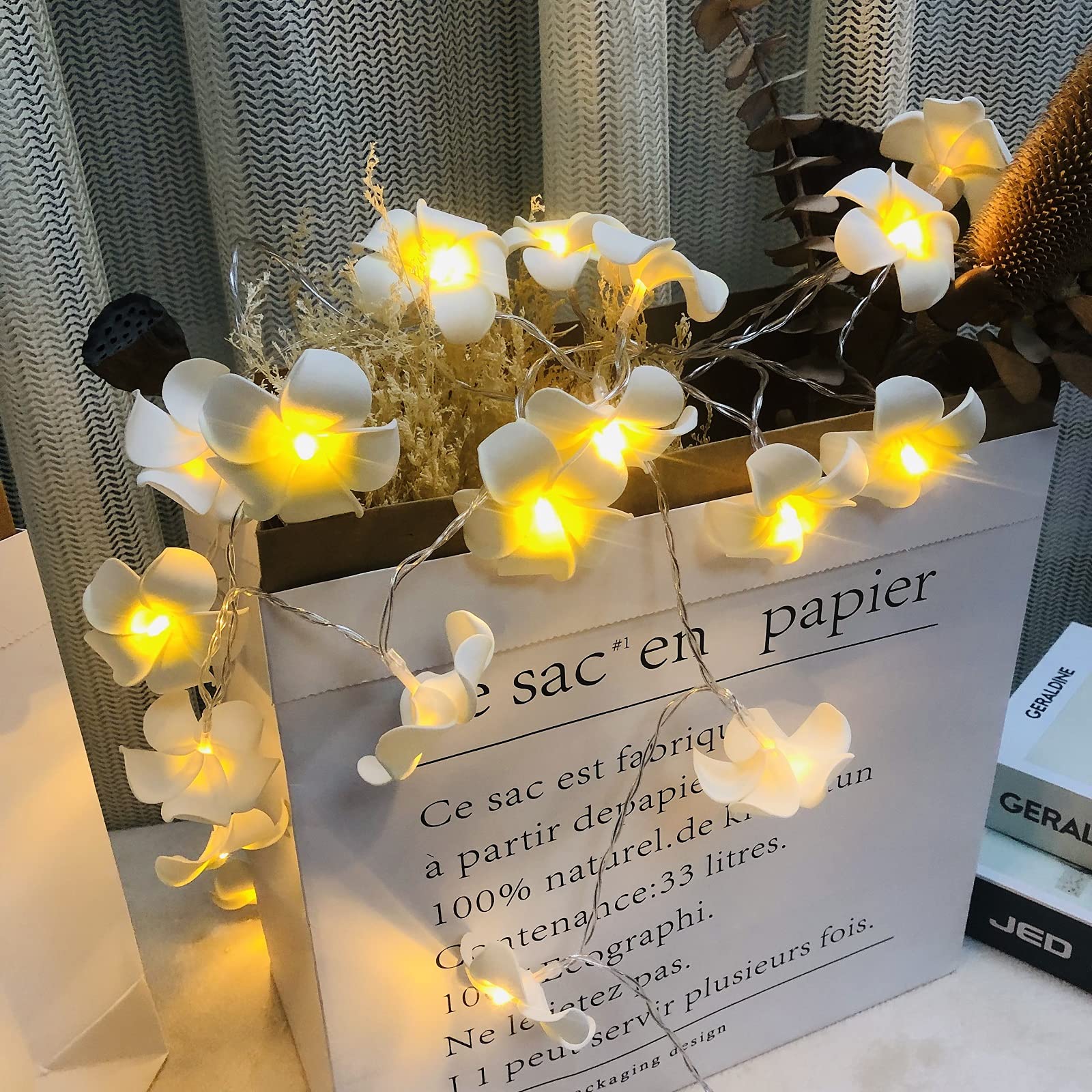 Battery Powered Artificial Plumeria String Lights - 20LED White Frangipani Flower Garland for Wedding, Beach Party, Garden & Patio Decor - Waterproof Fairy Lights for Outdoor & Indoor Use