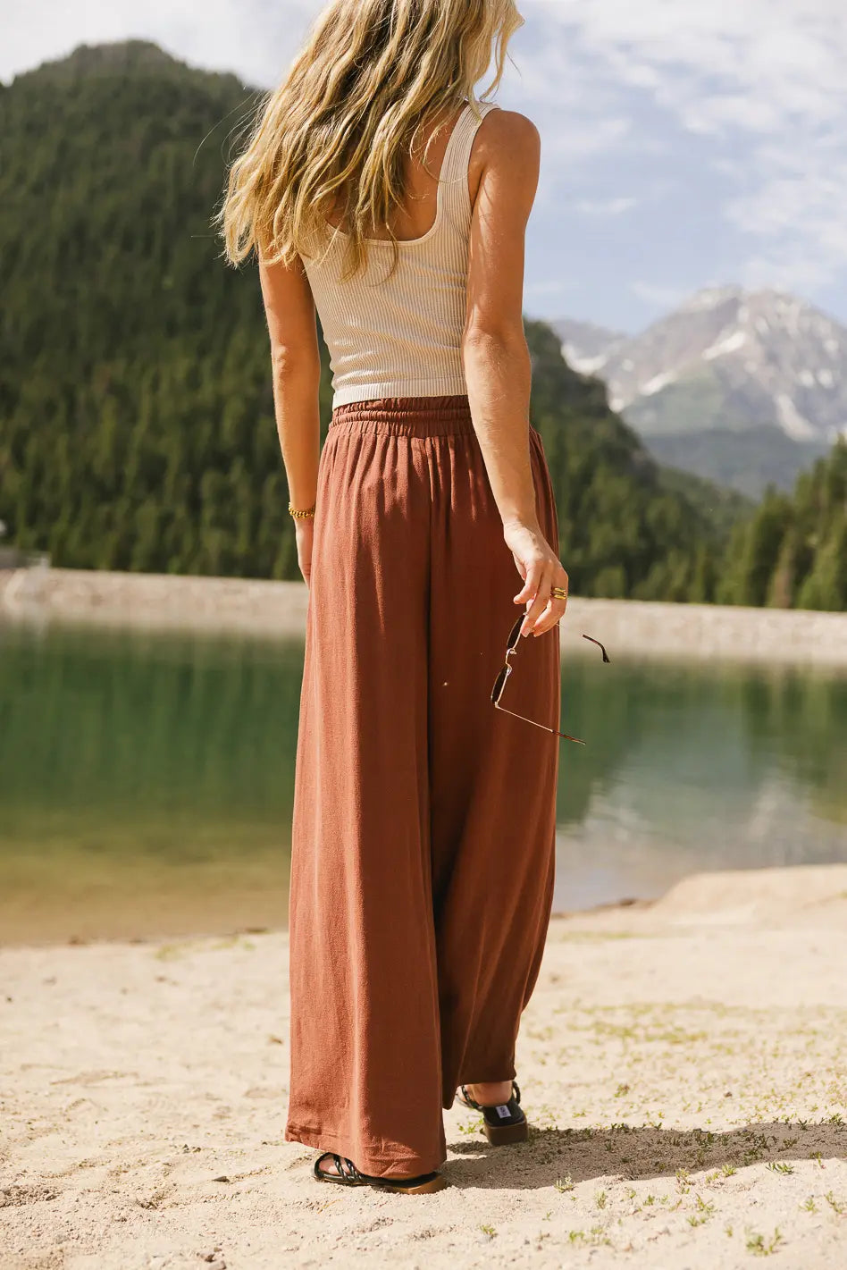 Nico Women's High Waisted Wide Leg Pants in Rust Color - Comfortable Linen Blend Trousers for Work, Office & Casual Outfits