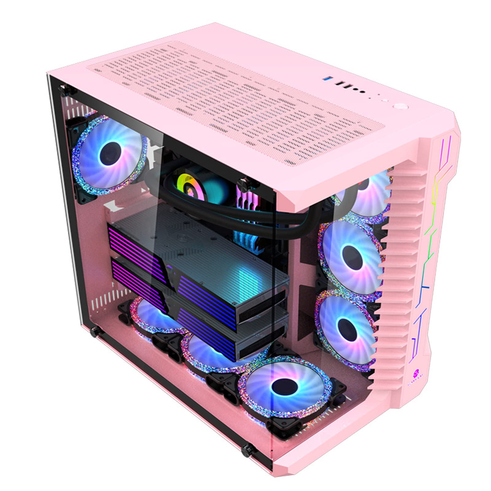 Hanzeni Compact Mid Tower Gaming PC Case - ATX Computer Chassis with Front USB Ports, Water-Cooling Ready & Side Ventilation (Pink/Blue) - Perfect for Gaming Rigs, Streaming Setups & Custom Water-Cooled Builds